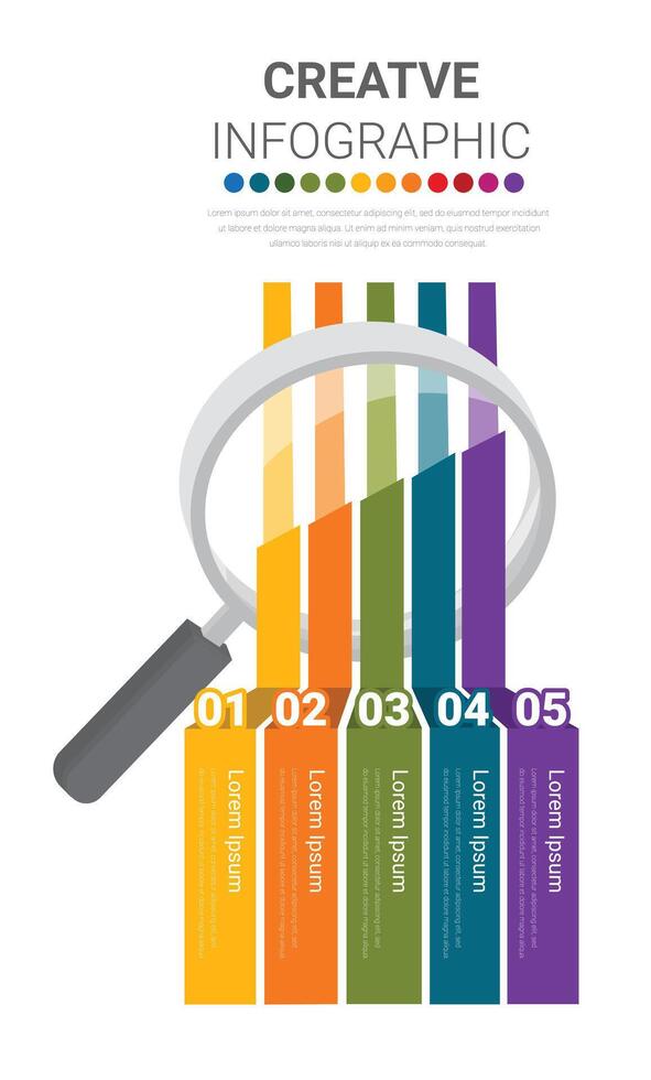 Modern infographics options banner with colorful Magnifying Glass 5 steps. Can be used for workflow layout, process diagram, flow chart. vector