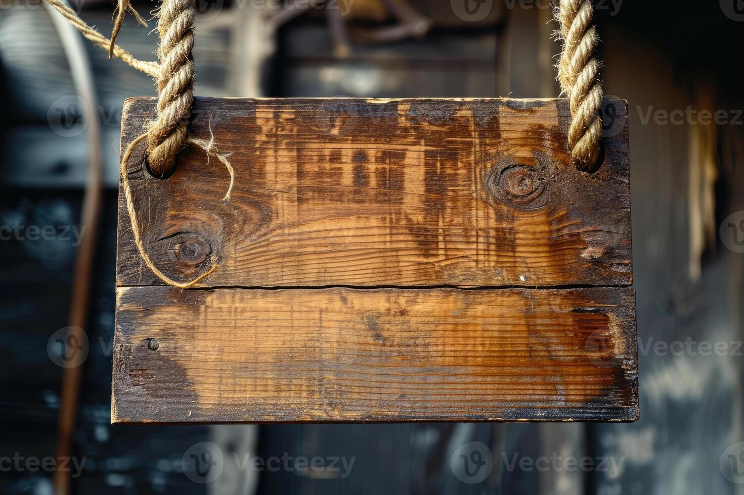 AI generated Wooden sign plain hanging from rope on vintage background photo