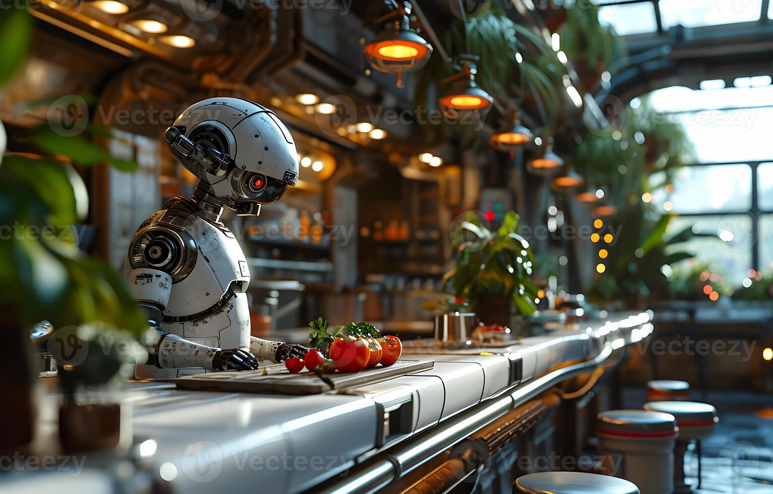 AI generated View of a Beautiful robot preparing food in the kitchen photo