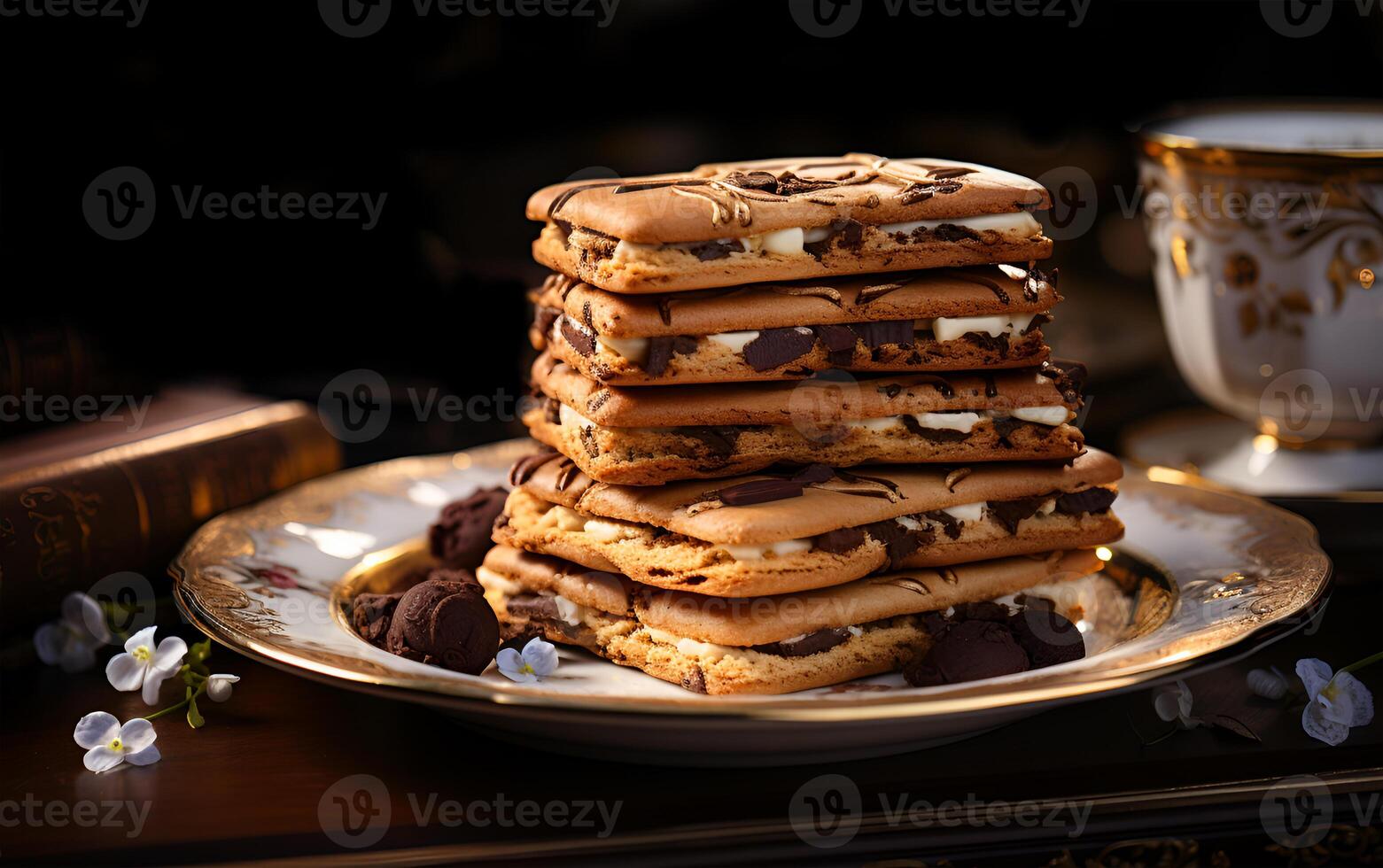 AI generated View of tasty cookies food in different layers on a plate photo