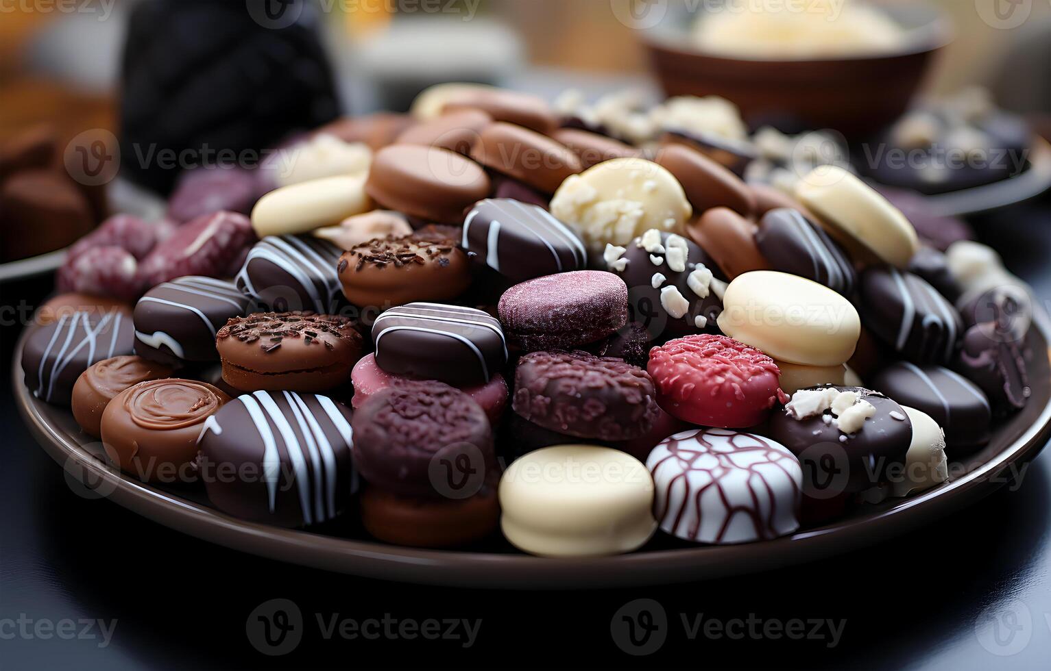 AI generated View of Beautiful delicious chocolate candy food in different styles on a plate photo