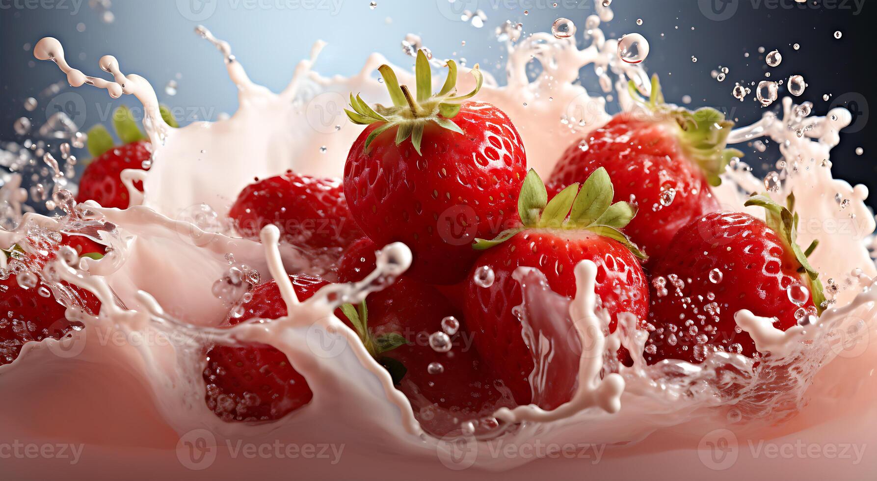 AI generated Beautiful view of delicious strawberry fruit falling in milk on a table photo