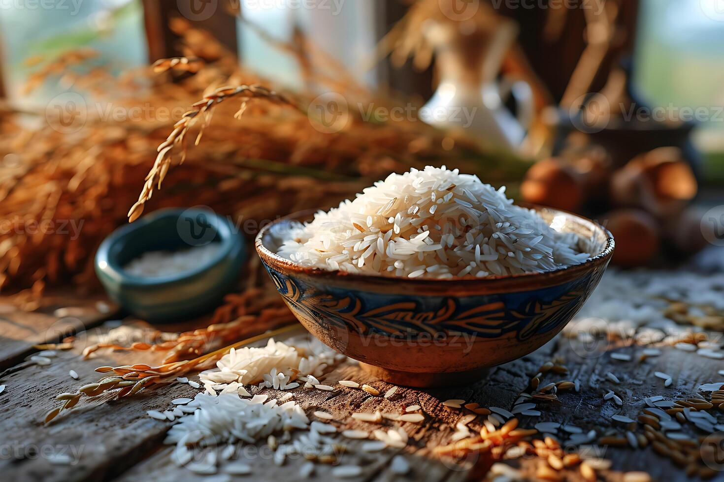 AI generated View of Beautiful eco-friendly artisan white rice in a Transvangardia bowl photo
