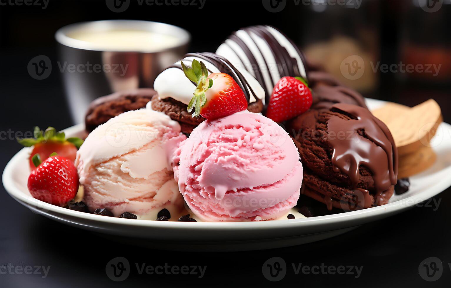 AI generated Delicious fresh Food vanilla and strawberry ice cream in different styles on a plate photo