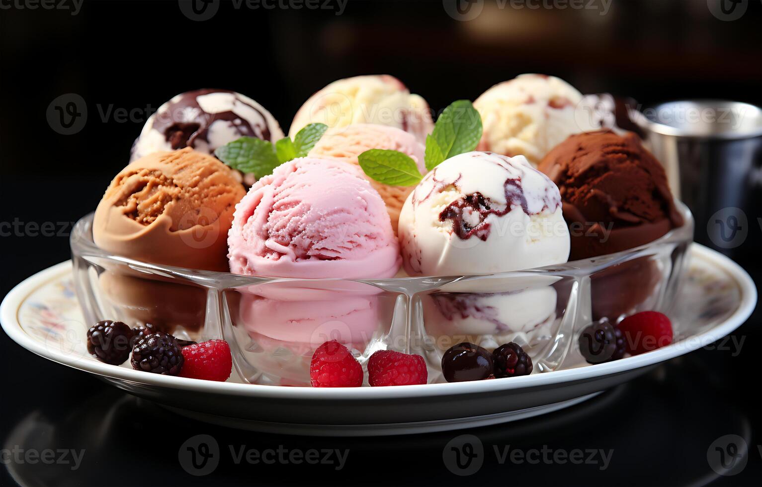 AI generated Delicious fresh Food vanilla and strawberry ice cream in different styles on a plate photo