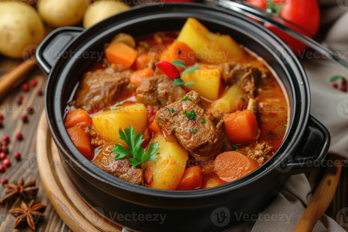 AI generated Meat stewed with potatoes, carrots and spices in pot on wooden background photo