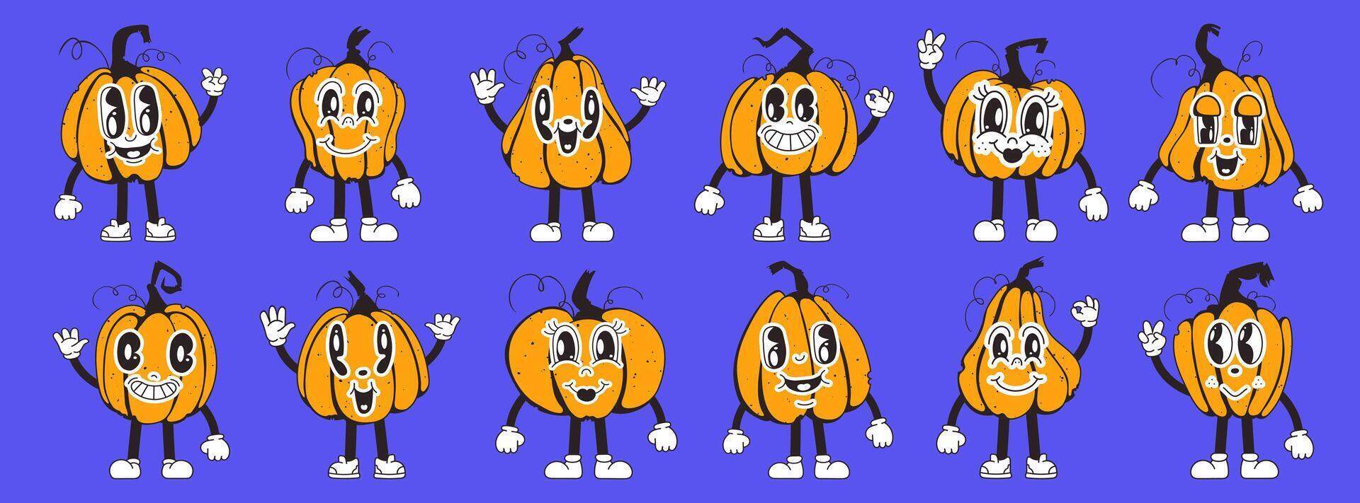 Set of pumpkin characters, orange, in retro cartoon style. Squash characters in 90s style. Autumn thanksgiving and halloween pumpkins collection vector