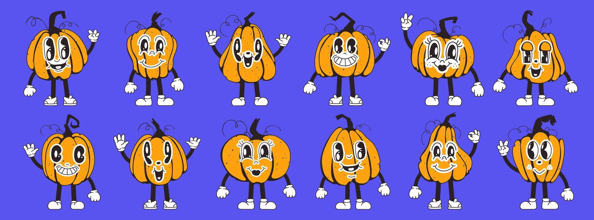 conjunto de calabaza caracteres, naranja, en retro dibujos animados estilo. squash caracteres en 90s estilo. otoño acción de gracias y Víspera de Todos los Santos calabazas colección vector