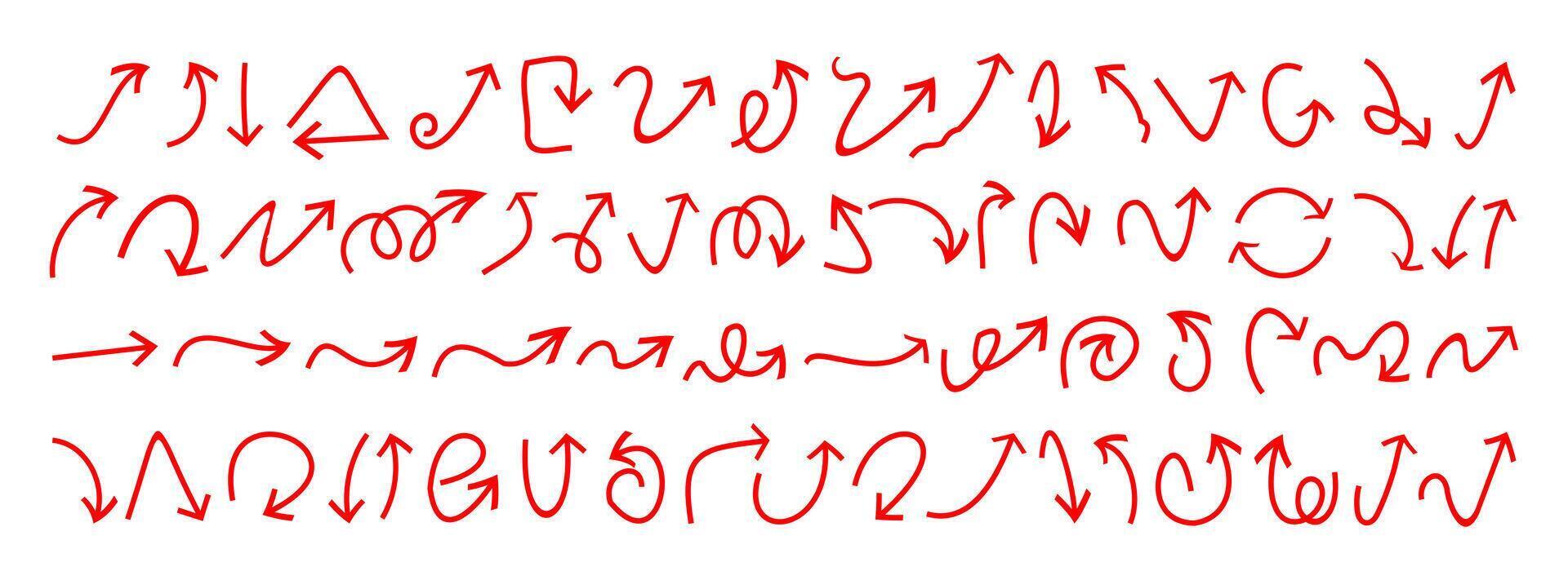 Hand drawn various curved red arrow lines. Set of arrow icons with sharp corners. Outline direction signs. vector