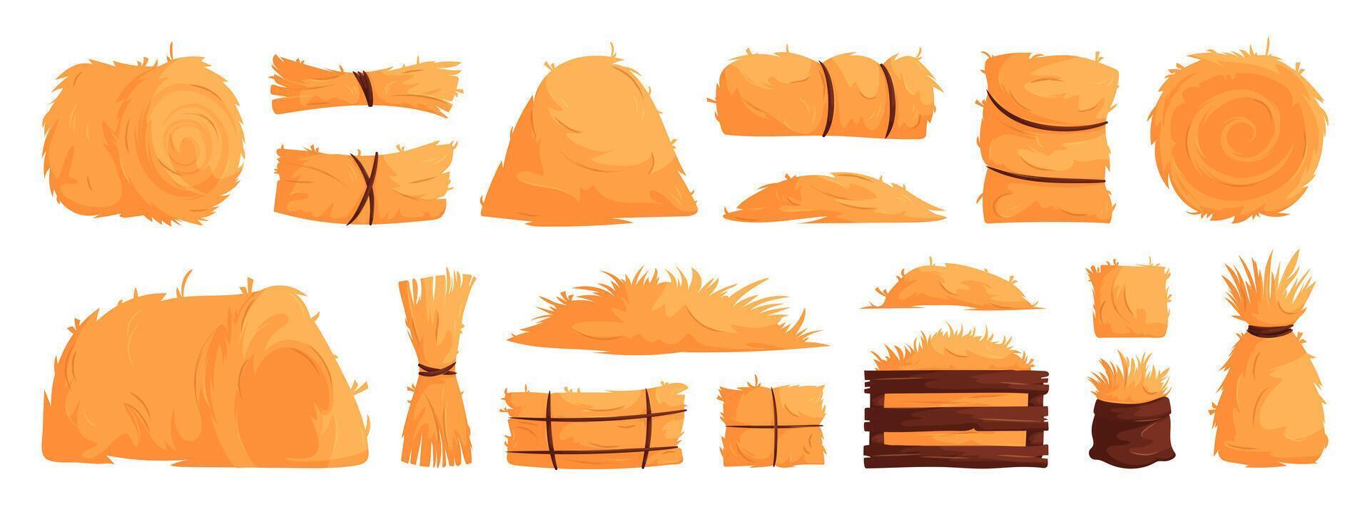 Set of hay bales, piles, heaps and stacks. Straw in rolls, squares, bags. Dry grass, bundles of farm feed. Cartoon illustration of haystacks. vector