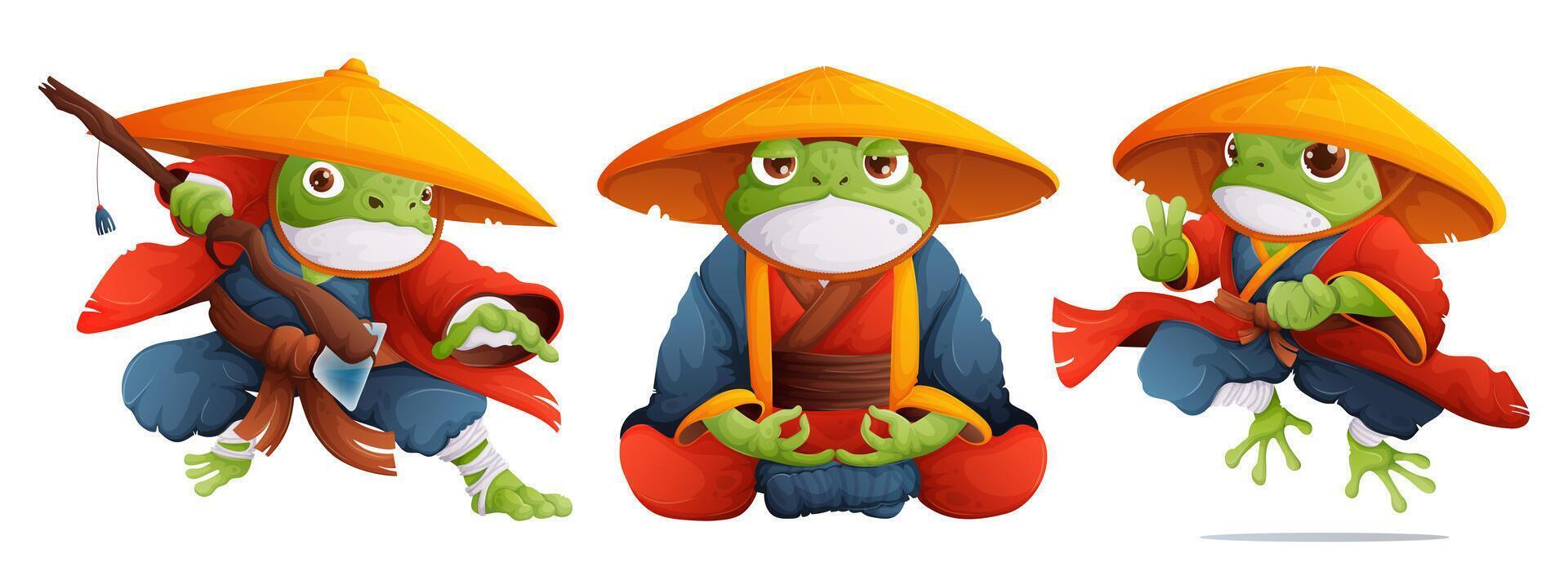 A set of three toads in the form of kung fu masters in a red and blue kimono and a yellow straw hat. A frog monk in a lotus position meditates, a green toad in a dynamic kung fu pose. Cartoon style vector