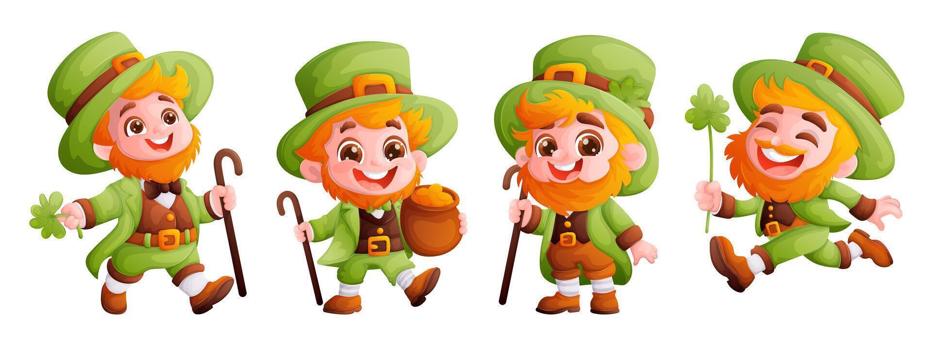 Set of four happy and cute leprechauns in a green suit. A red-haired boy with a beard, wearing a green conical hat. Symbol of the holiday Saint Patrick. Cartoon style, . vector