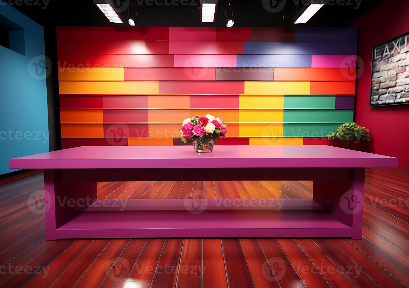 AI generated A colorful pink yellow purple and red news studio room table design photo