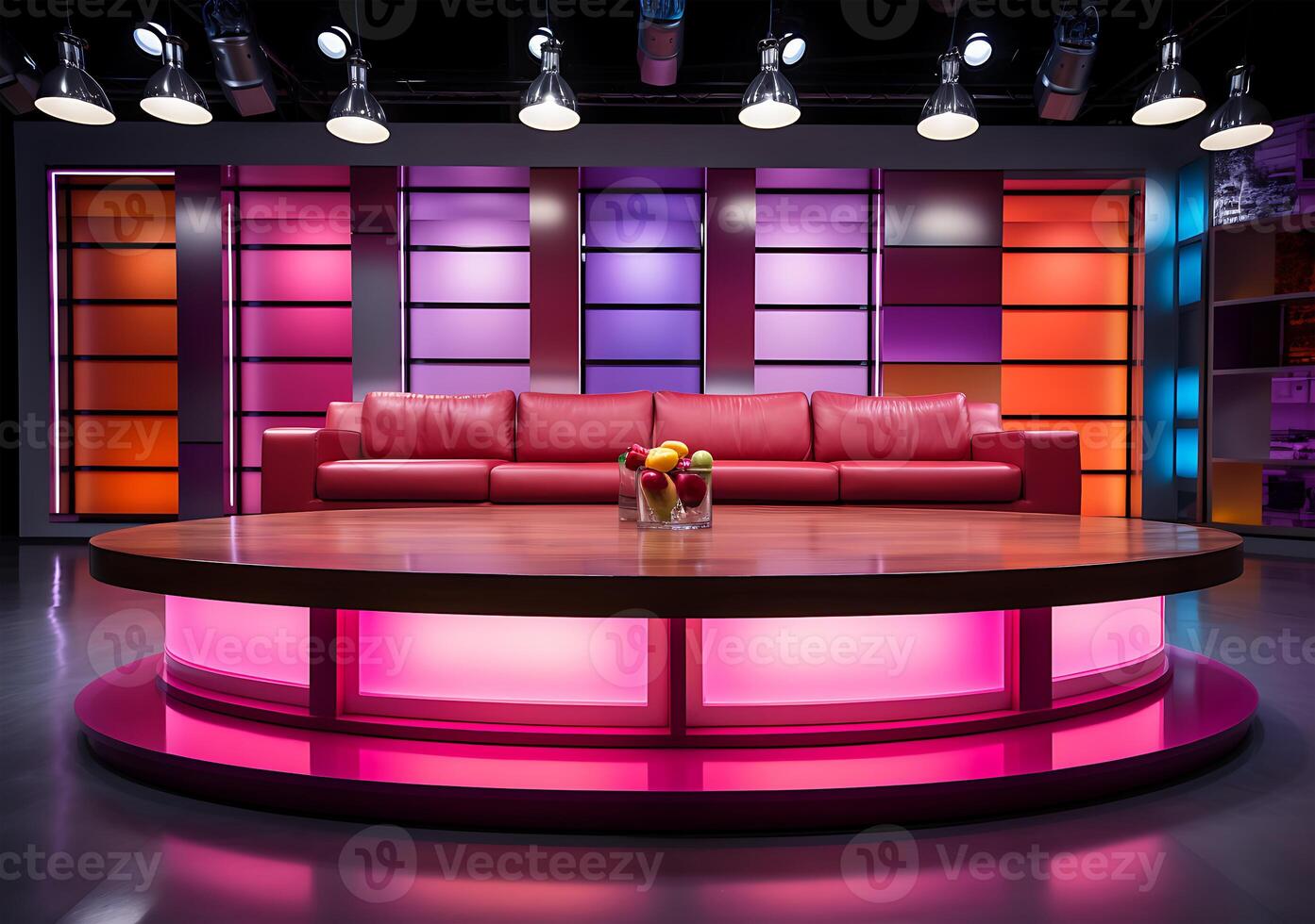 AI generated A colorful pink yellow purple and red news studio room table design photo