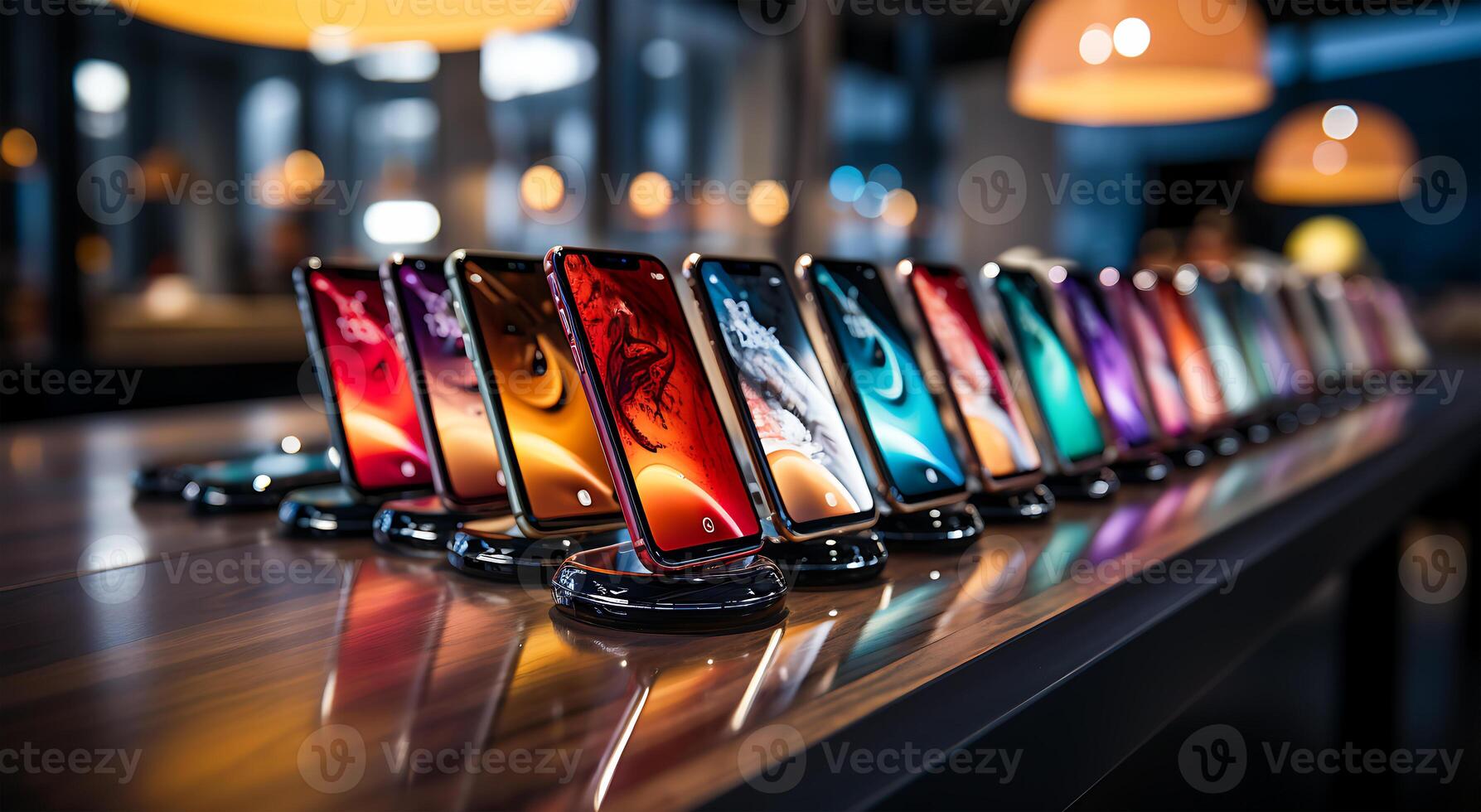 AI generated View of a beautiful variety of smartphone stores in a glass photo