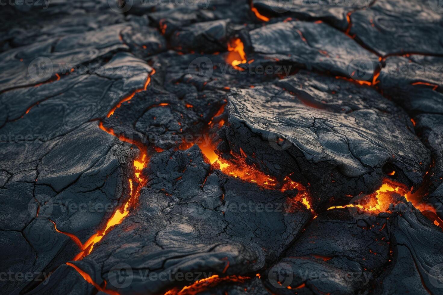 AI generated Scorched rock floor with molten rocks and lava cracks. photo