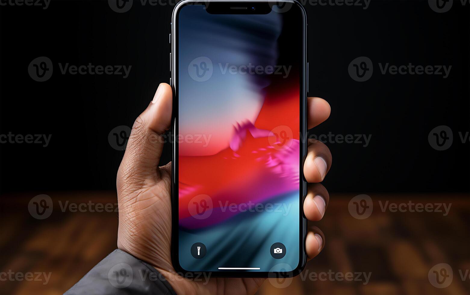 AI generated Front view of a smartphone device in hand photo