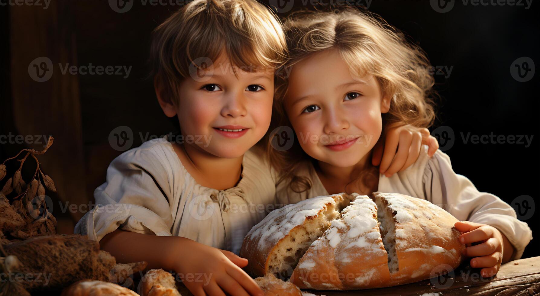 AI generated Delicious bread snack recipe with two kids and a beautiful view of fun food photo