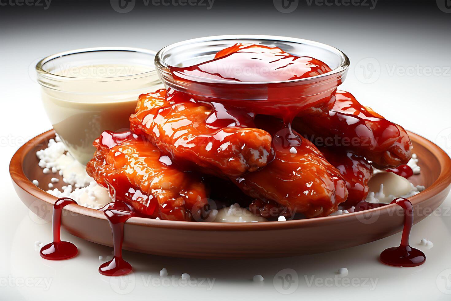 AI generated Chicken wings in red gourmet gravy on a plate and delicious to eat photo