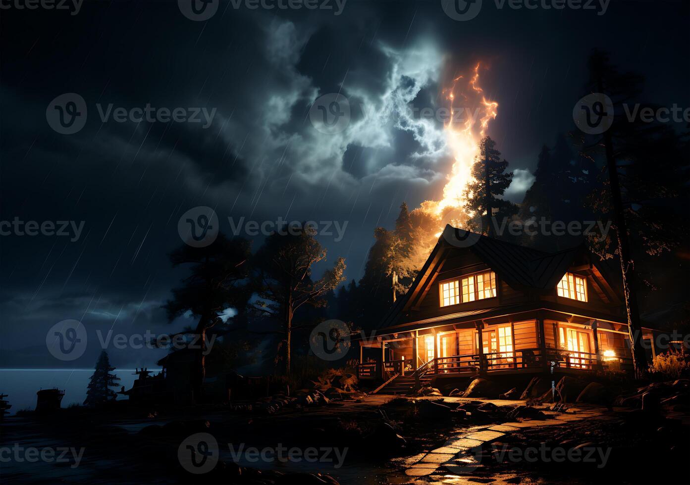 AI generated Scene of fire with lightning in a house photo