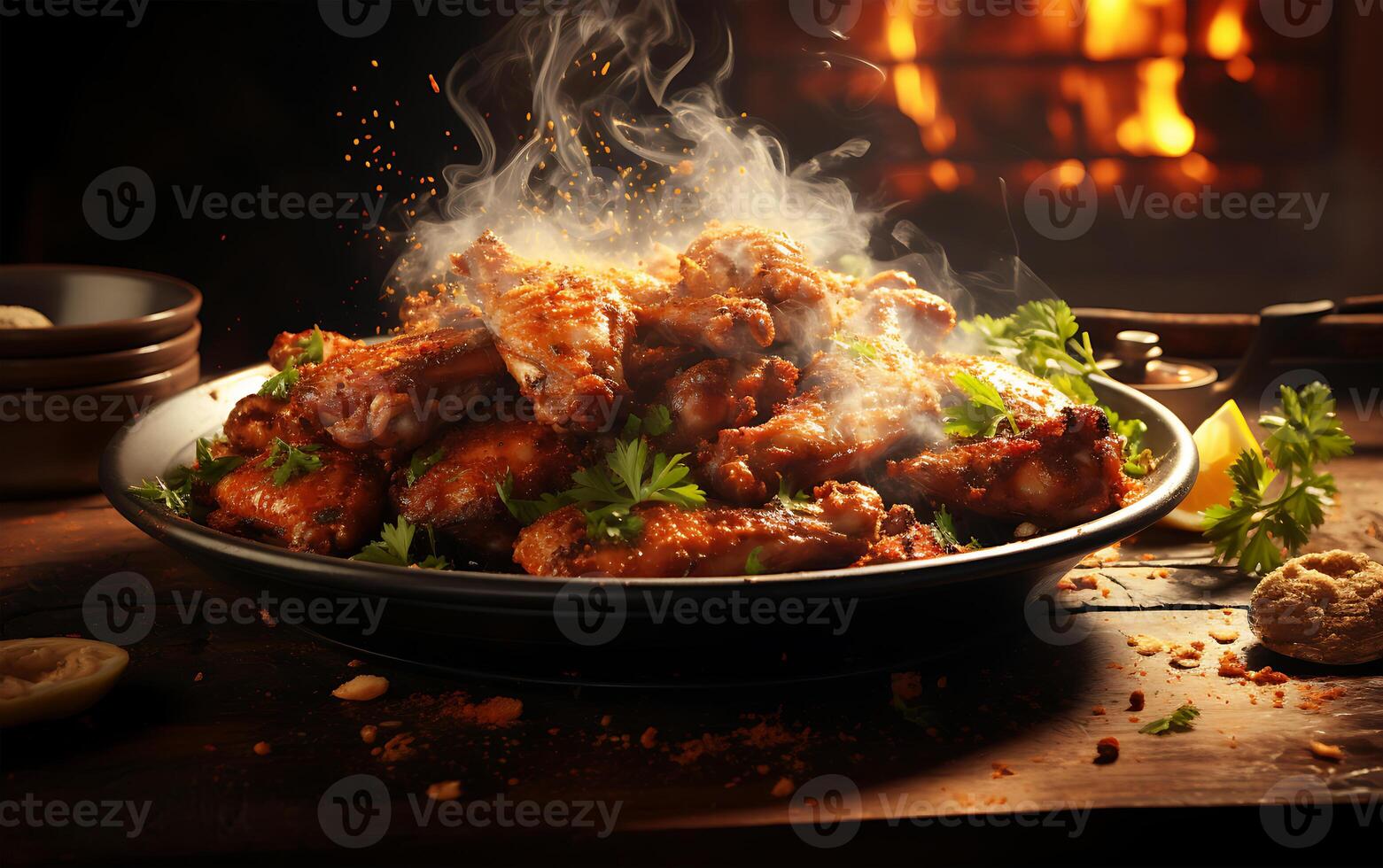 AI generated Smoke grilled delicious meat with chicken wings on a plate photo