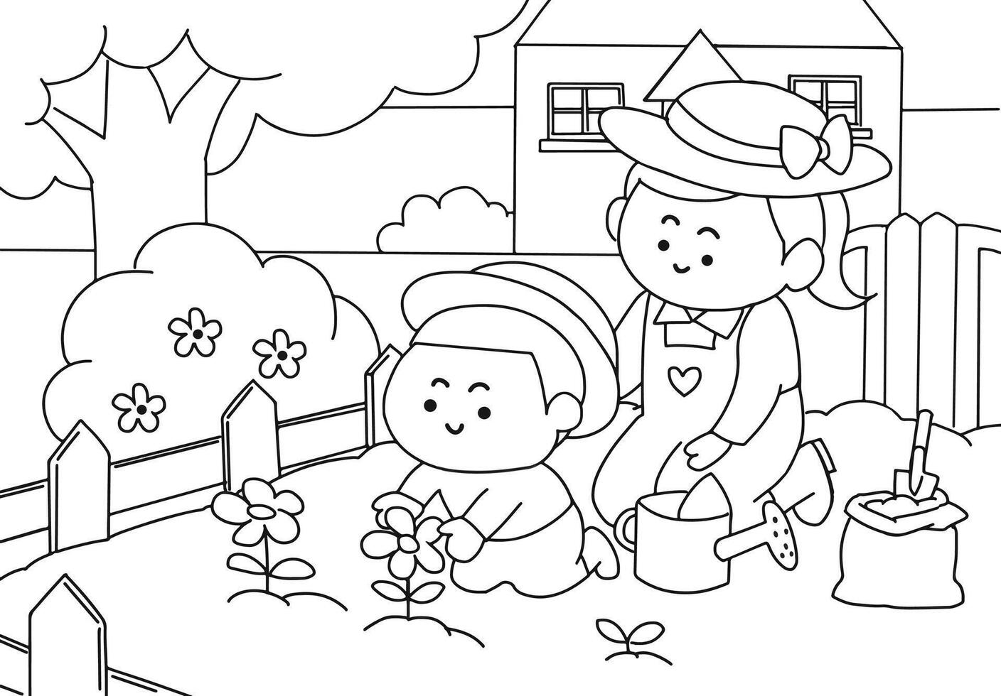 Kid and his mom plant on the garden, coloring book. vector