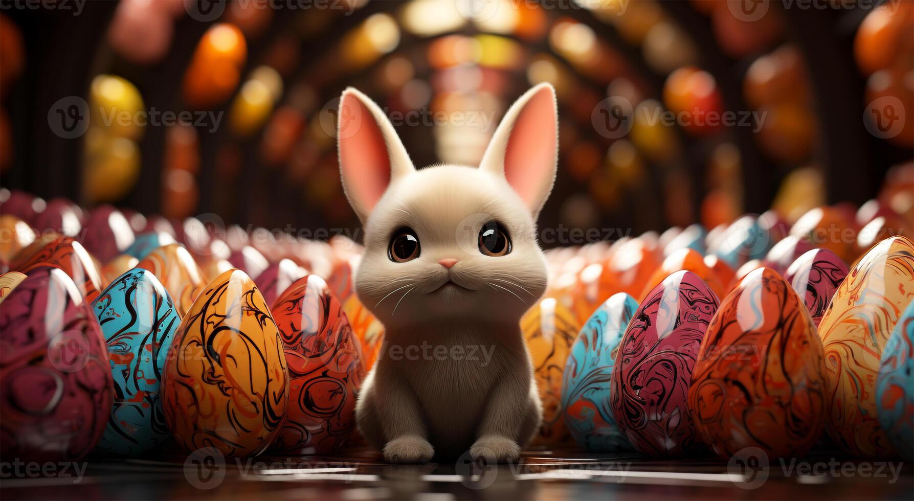 AI generated View of Beautiful Rabbit with Easter eggs of different colors photo