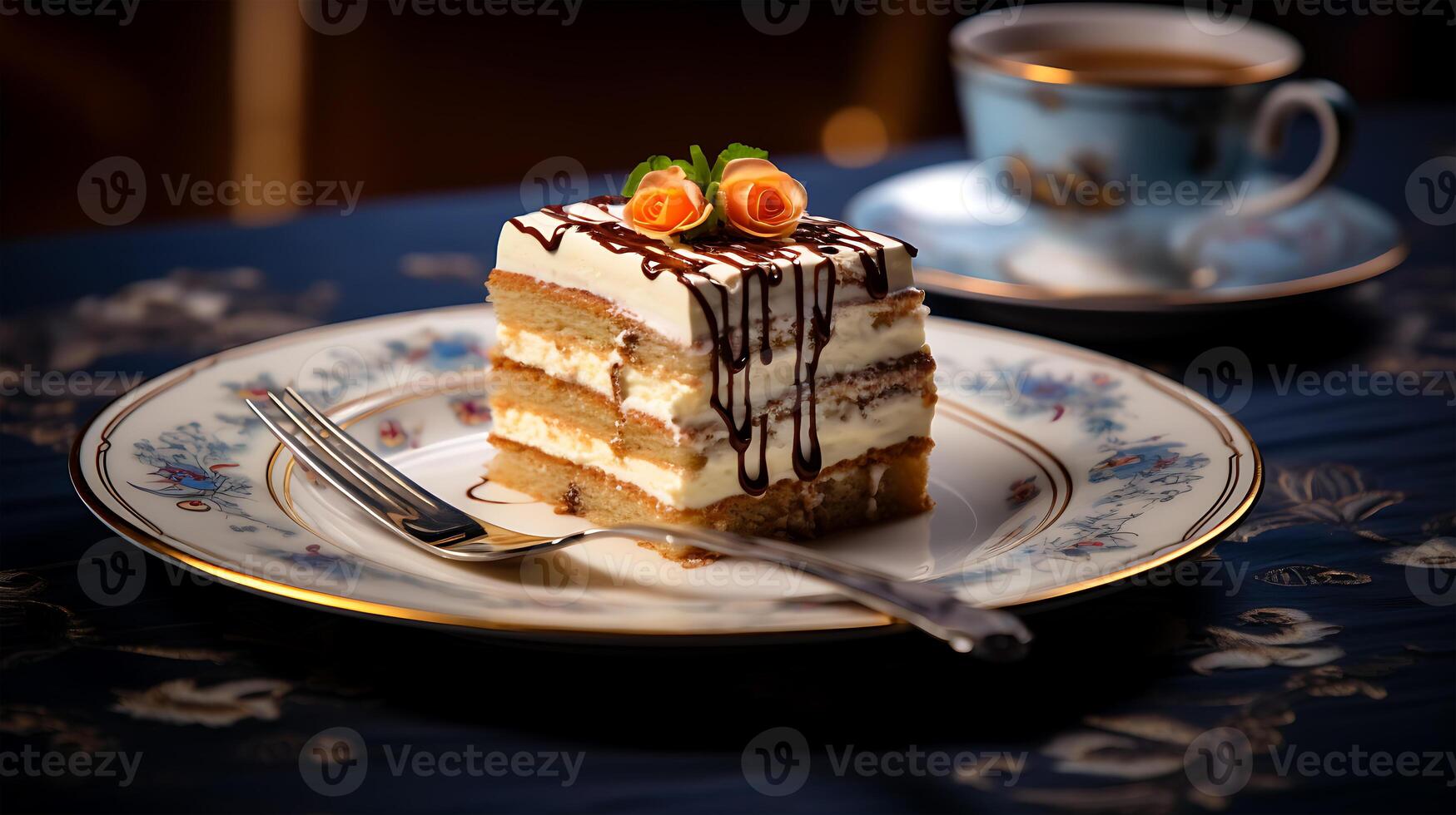 AI generated View of a Food restaurant has a beautiful delicious tiramisu colorful cake on a plate photo