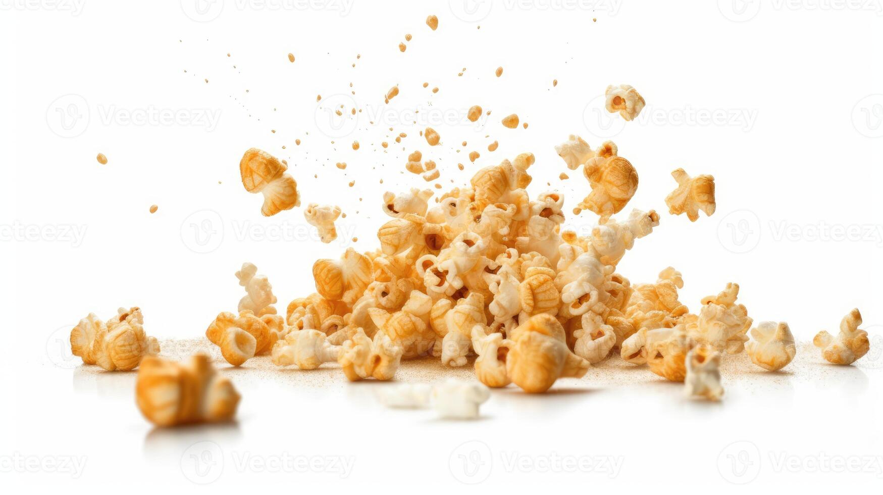 AI generated Falling popcorn splash, isolated on a white background. photo