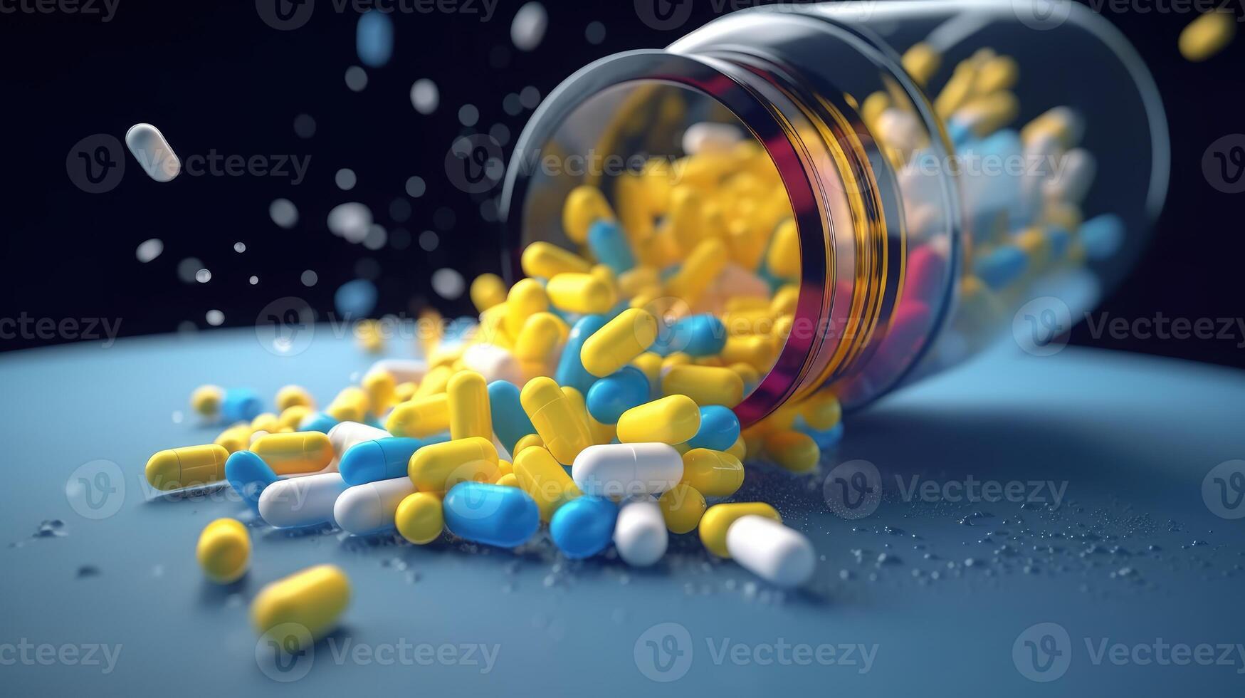 AI generated Pills, tablets, capsules falling from an open plastic medicine bottle. Concept of medical product background. photo