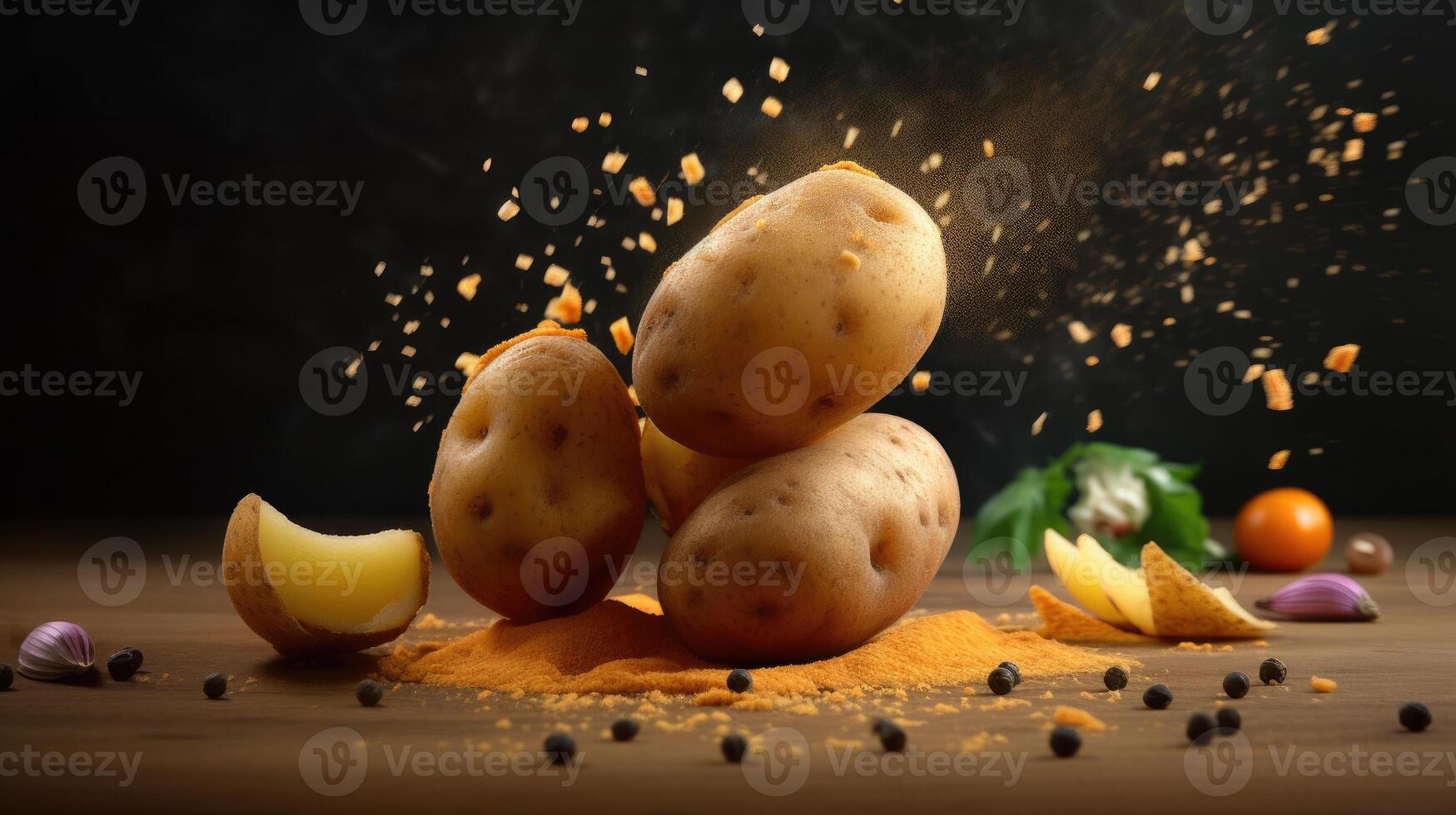 AI generated Potato with spice mixing ingredients for cooking on a table, isolated on a studio background. photo