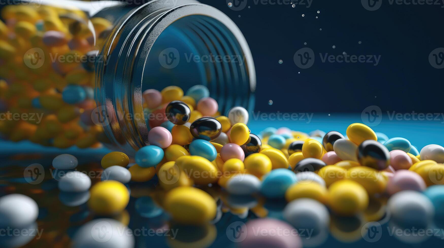 AI generated Pills, tablets, capsules falling from an open plastic medicine bottle. Concept of medical product background. photo