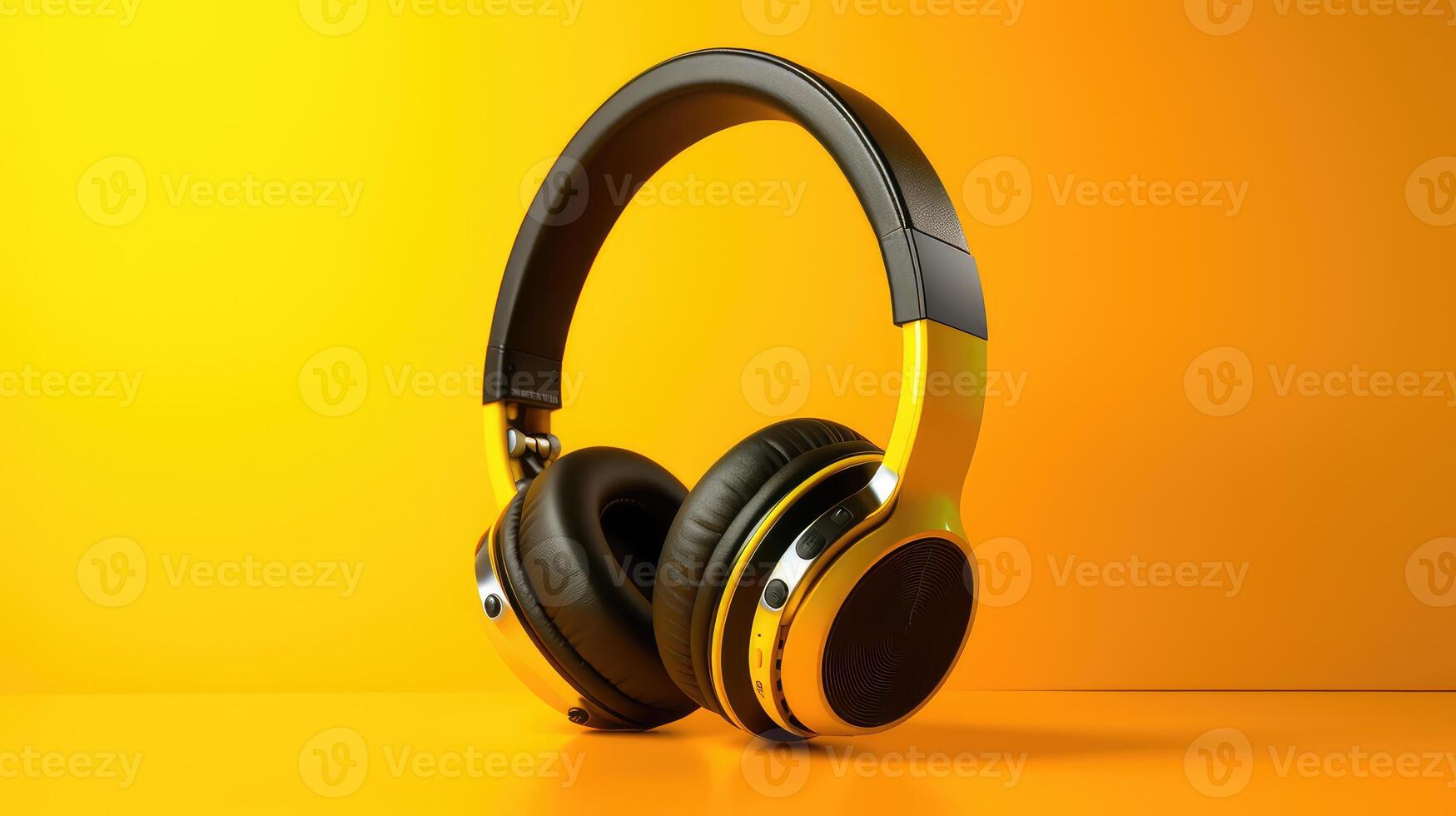 AI generated Minimalistic closeup view of a headphone isolated on a yellow background. photo