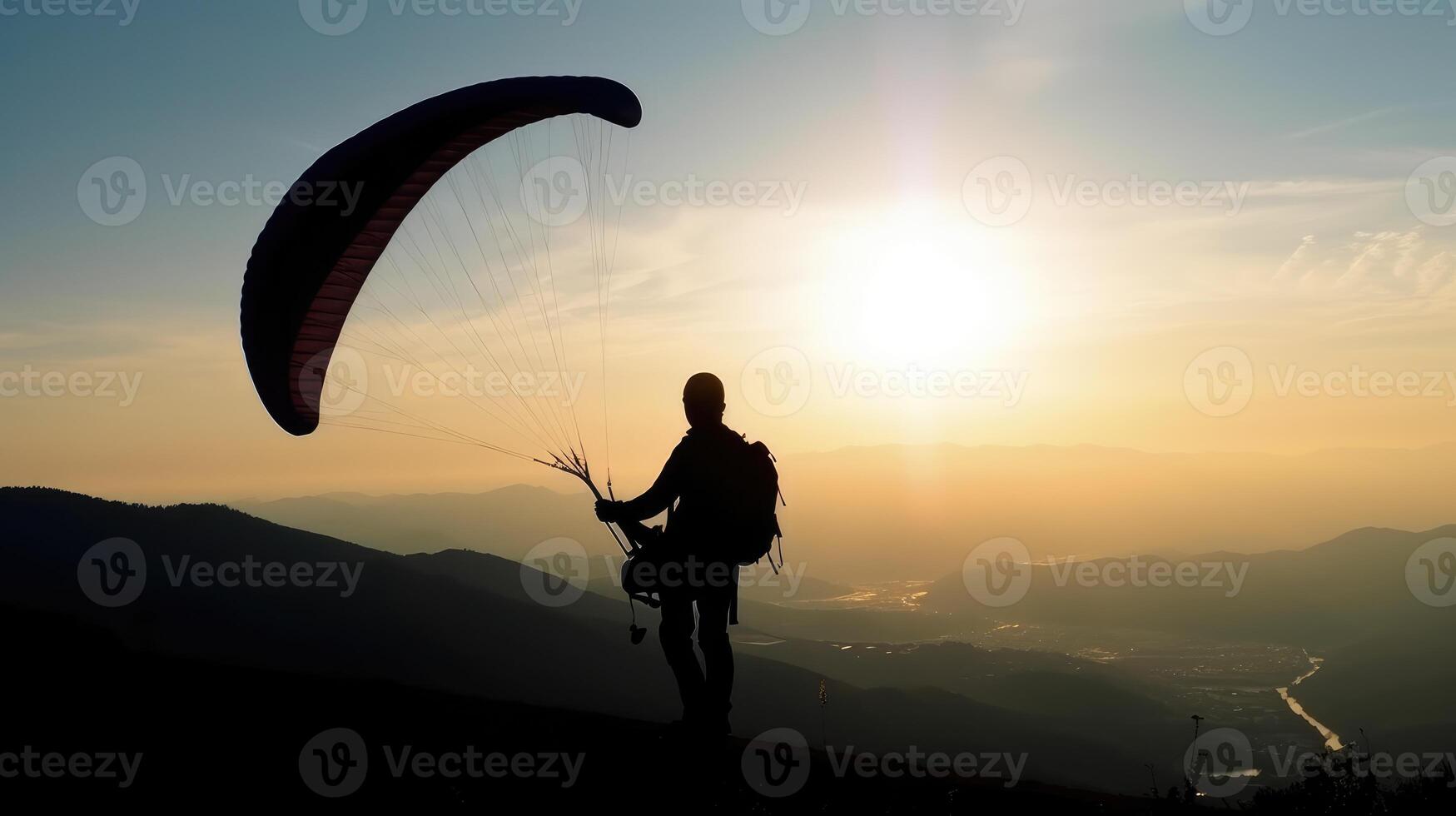 AI generated A Man Preparing for Paragliding. Silhouette Photo of a Paraglider.