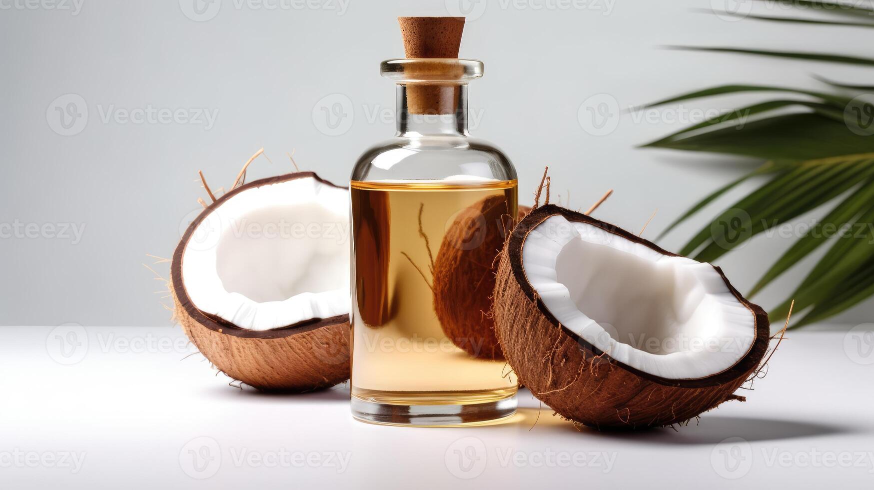 AI generated Bottle of coconut oil and fresh coconut fruits cut in half isolated on white background with palm leaf. Coconut natural cosmetics. photo