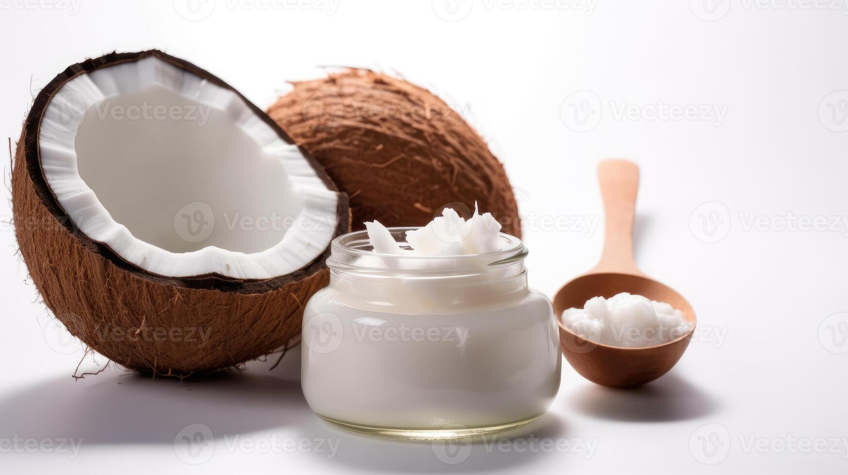AI generated Coconut oil in a jar with fresh coconut fruits isolated on white background. photo