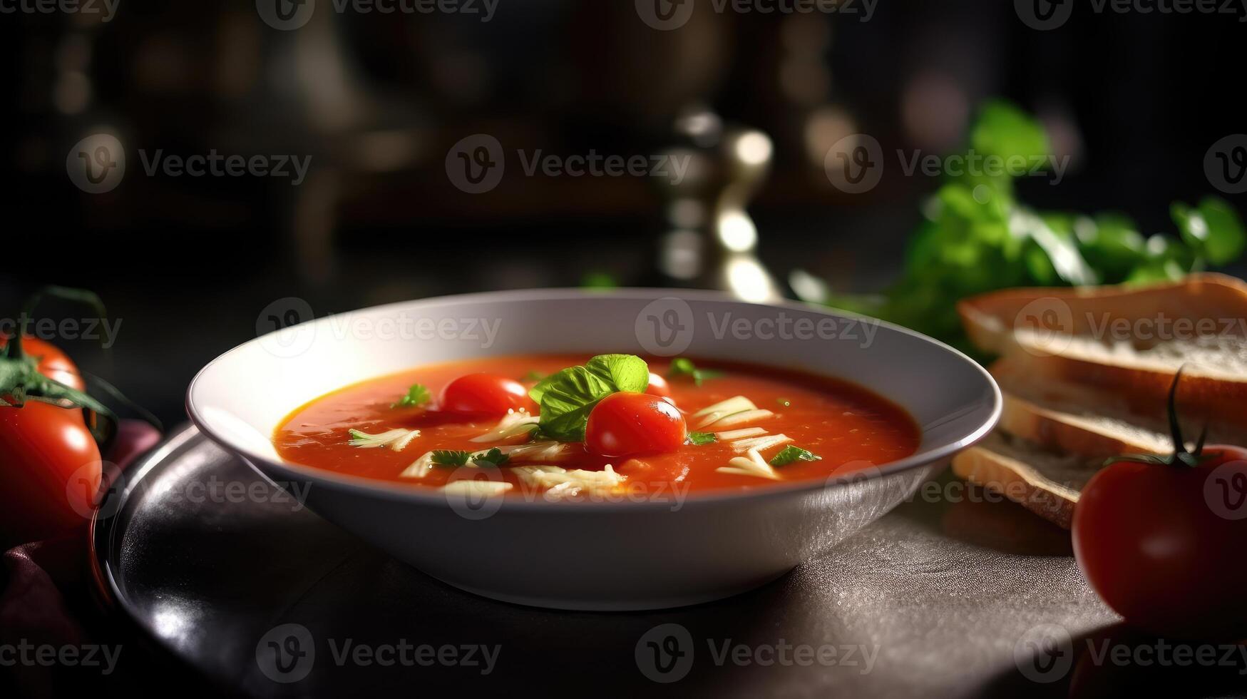 AI generated Tomato soup with basil in a bowl. Dark blurry background. Copy space. Closeup view. photo