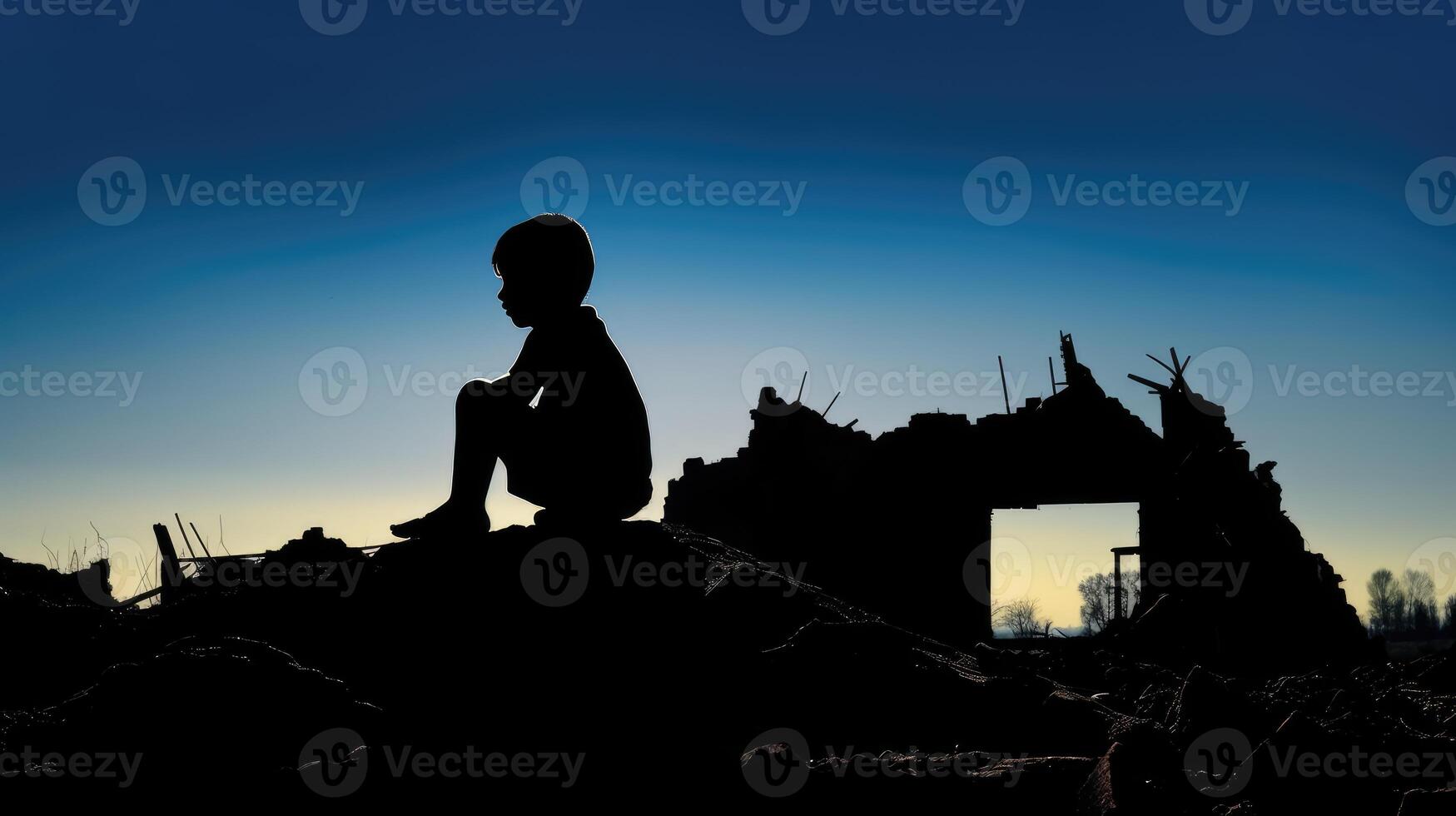 AI generated Silhouette of a boy sitting in a place where he had his home now it's destroyed. Sitting with sadness. photo