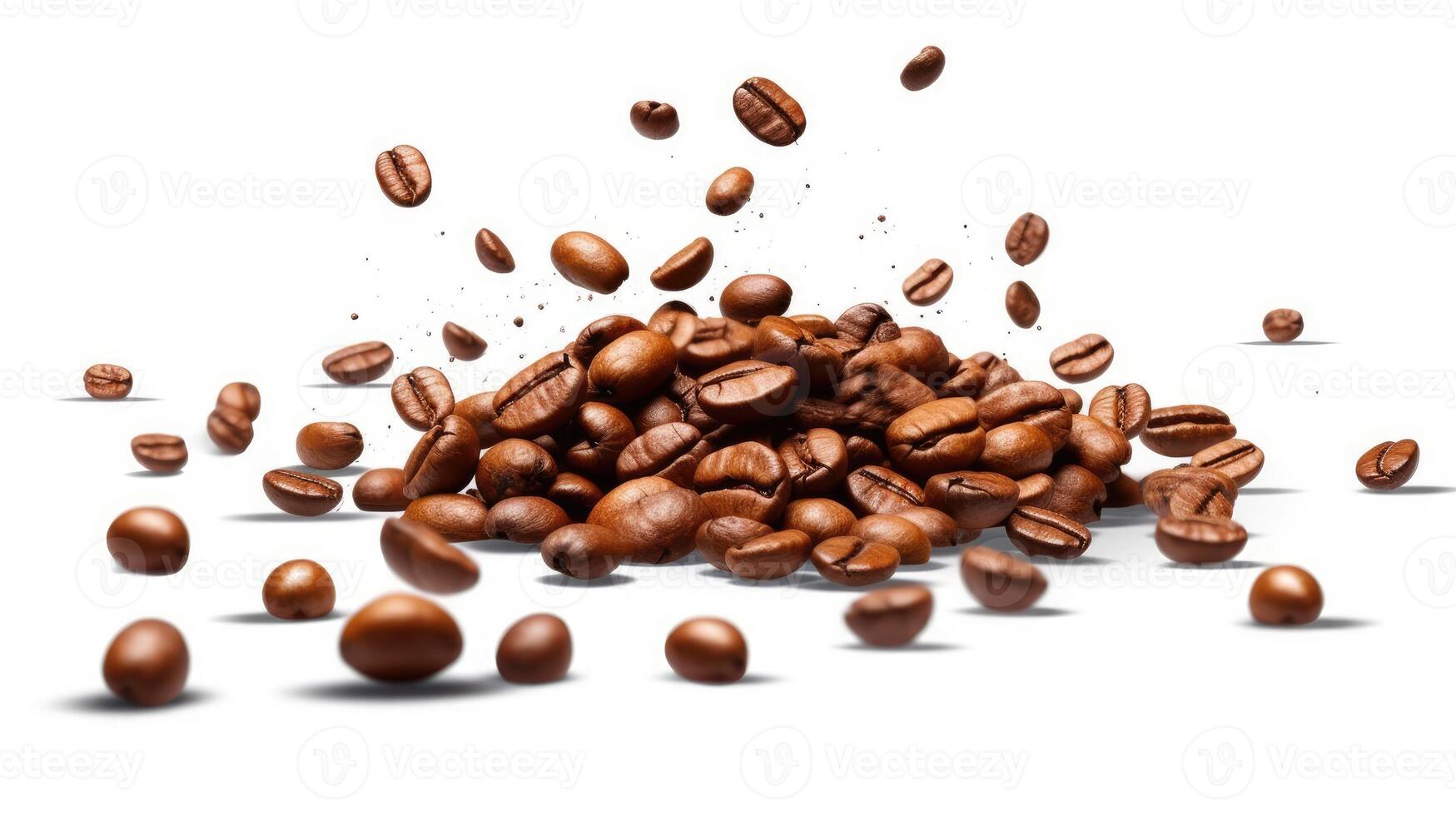 AI generated Falling down coffee beans on the floor, isolated on a white background. photo