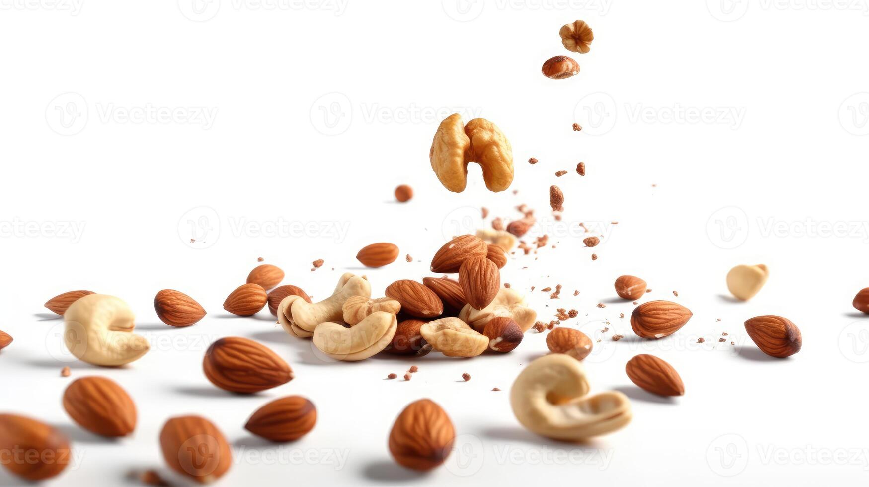 AI generated Different varieties of nuts falling into ground, isolated on white background. photo