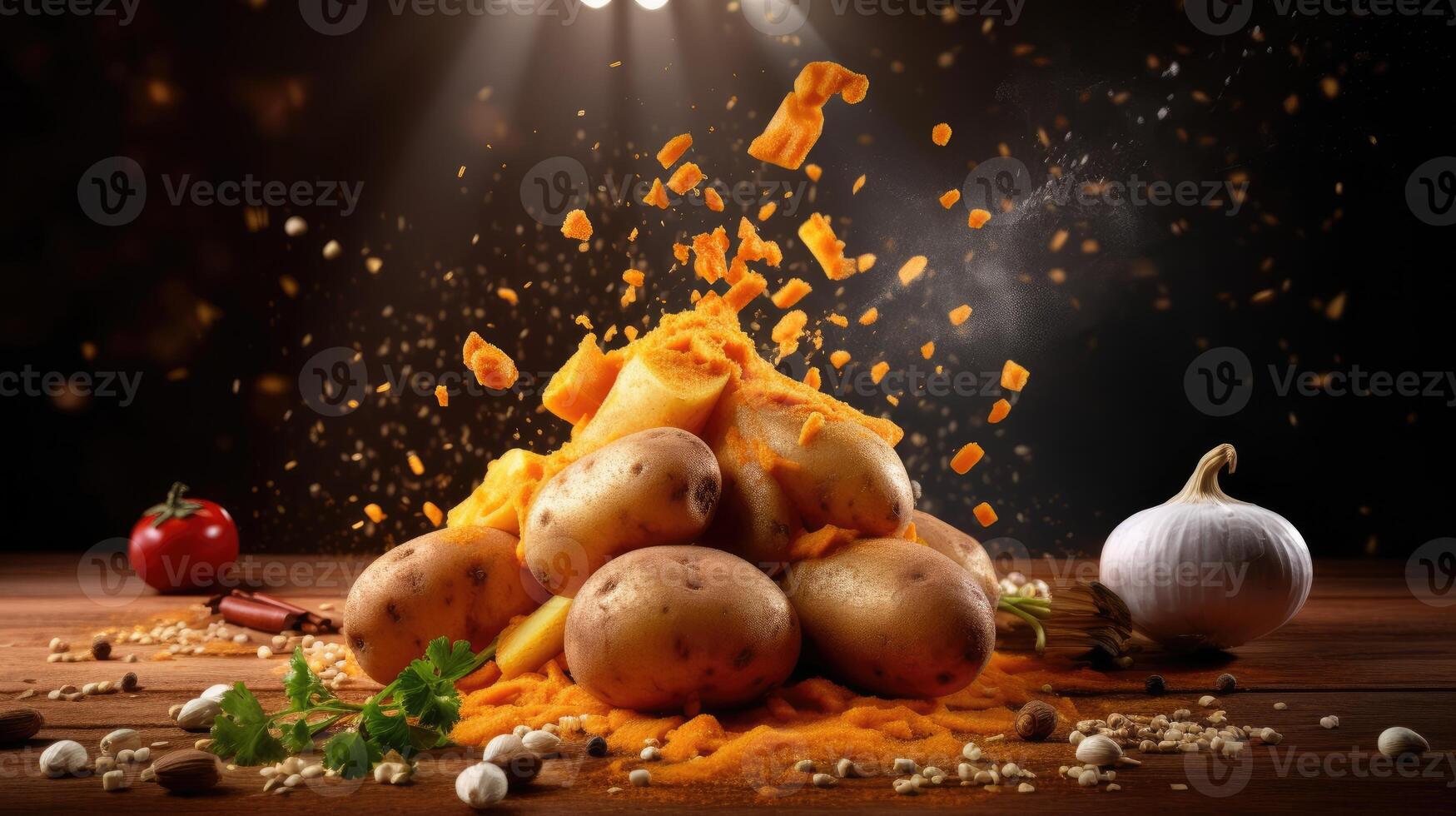AI generated Potato with spice mixing ingredients for cooking on a table, isolated on a studio background. photo