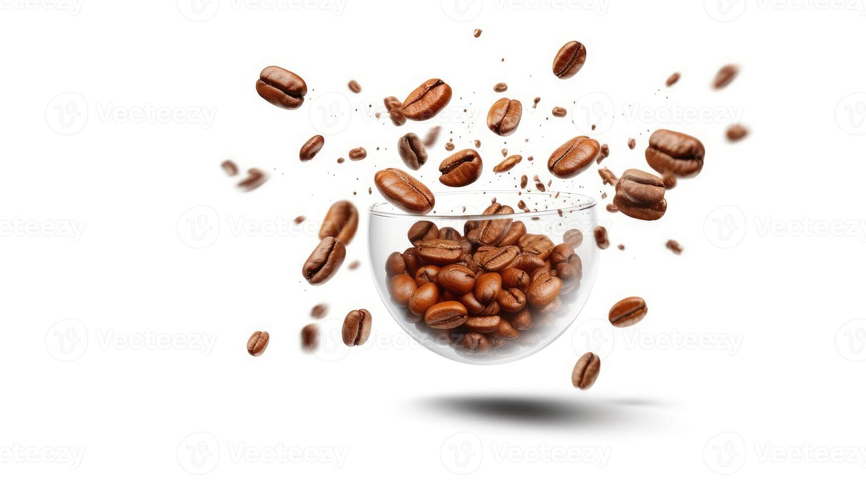 AI generated Falling down coffee beans on a cup and ground, isolated on a white background. photo