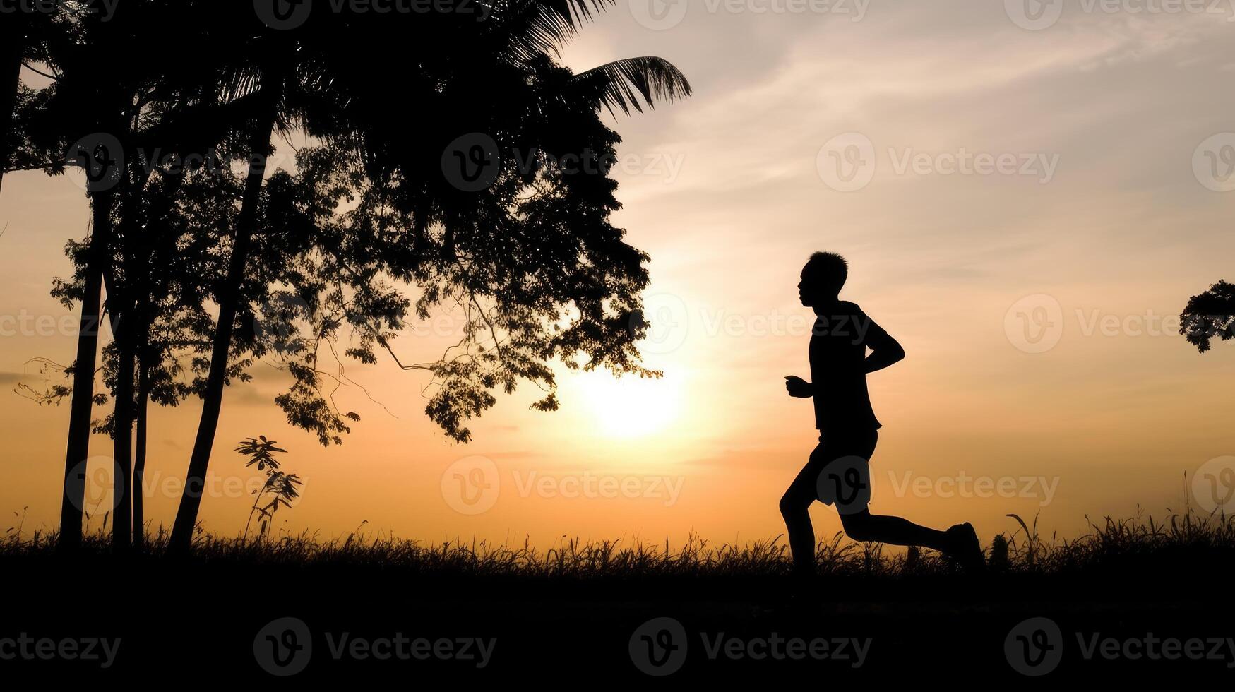 ai generado silueta de un hombre corriendo trotar en el Mañana. hombre aptitud silueta amanecer trotar rutina de ejercicio bienestar concepto. foto