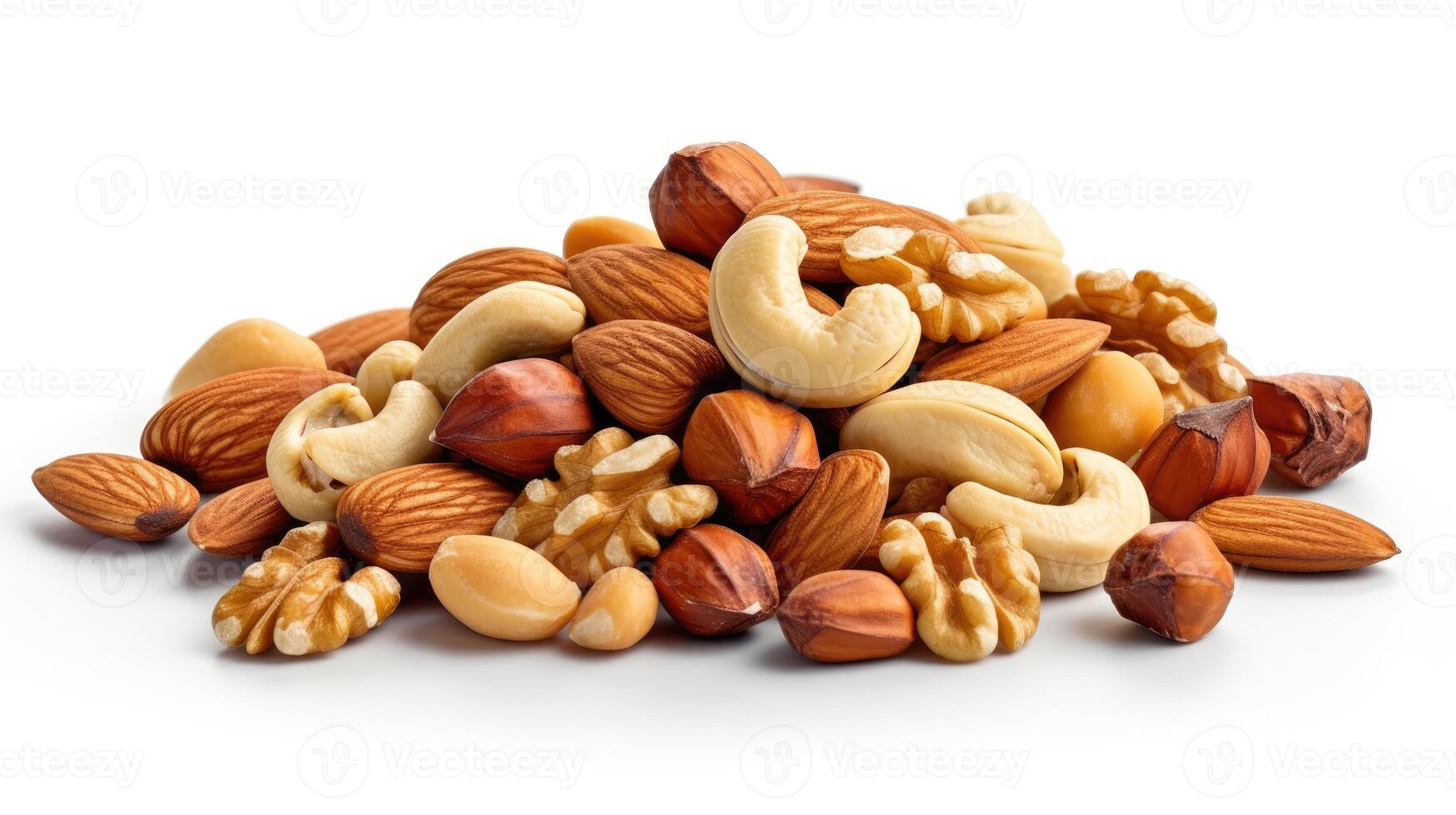 AI generated Various types of nuts, dried fruits mixed, isolated on white background. Hazelnut, cashew, almond, pistachio, walnut. photo
