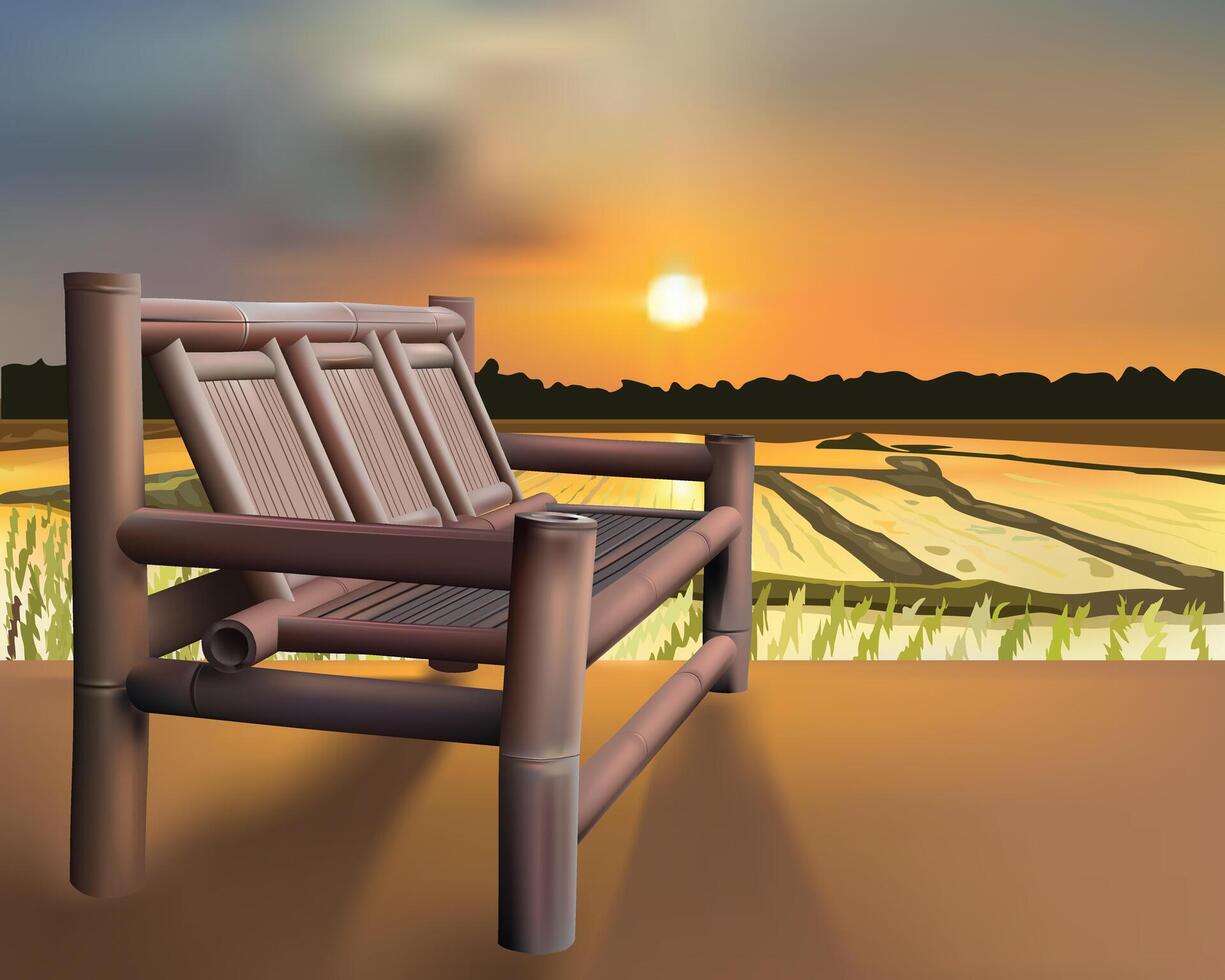 Bamboo chair armchair with sunset landscape at the background. vector
