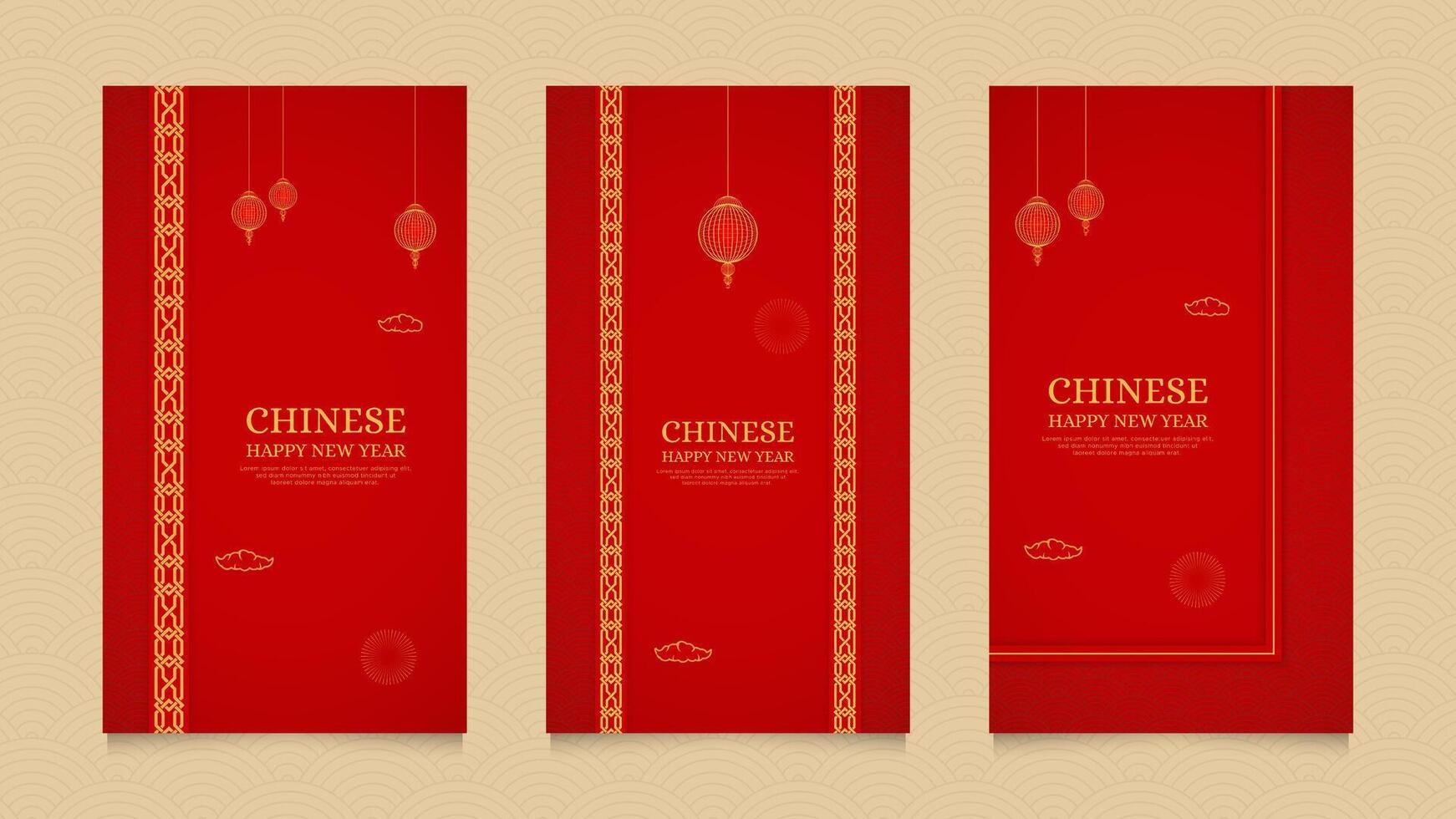 Chinese Happy New Year Social Media Stories Template with Chinese Pattern Brushes Border and Chinese Style Lanterns vector