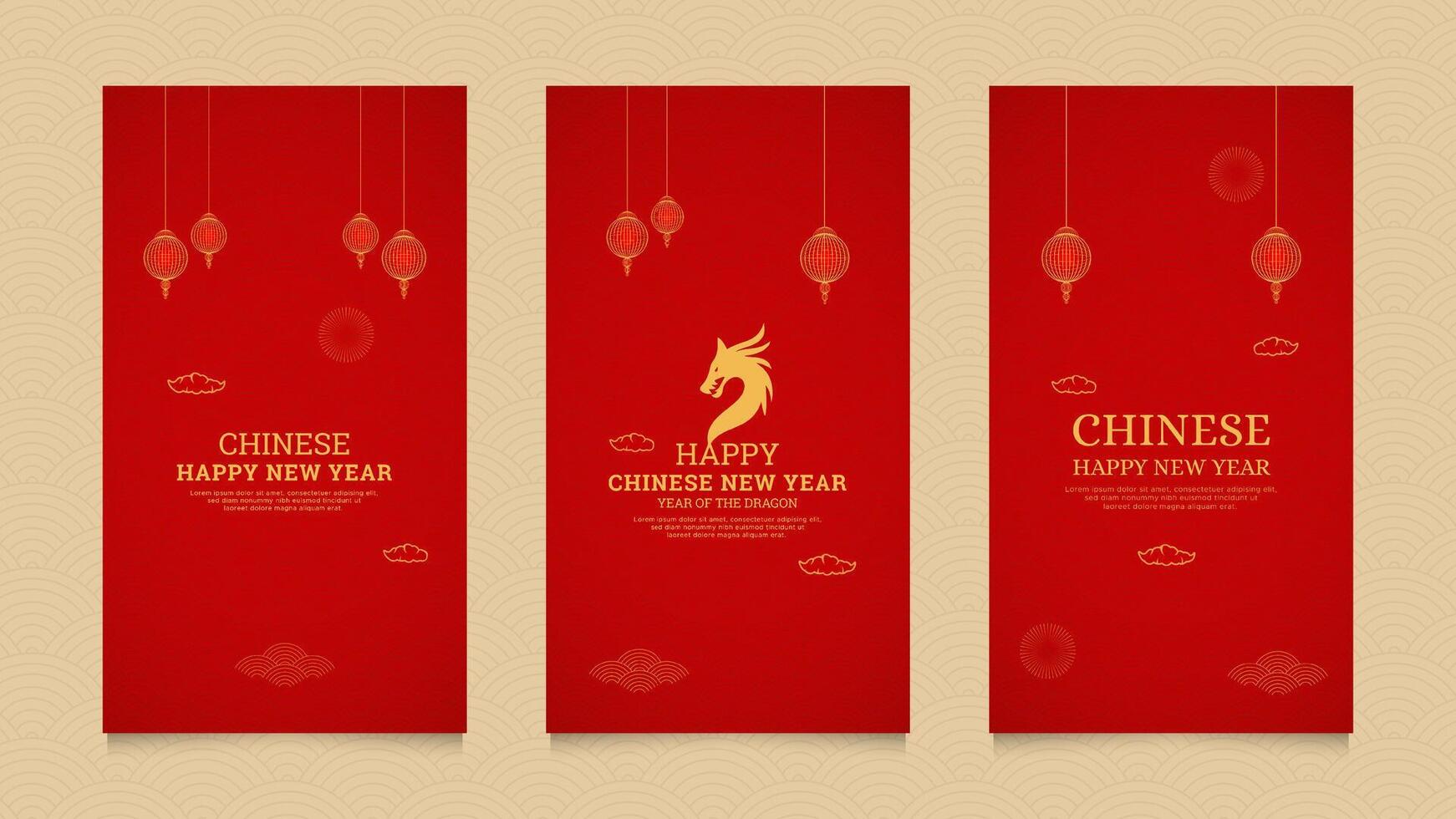 plantilla de colección de historias de redes sociales de feliz año nuevo chino con borde de pinceles de patrón chino y linternas chinas vector