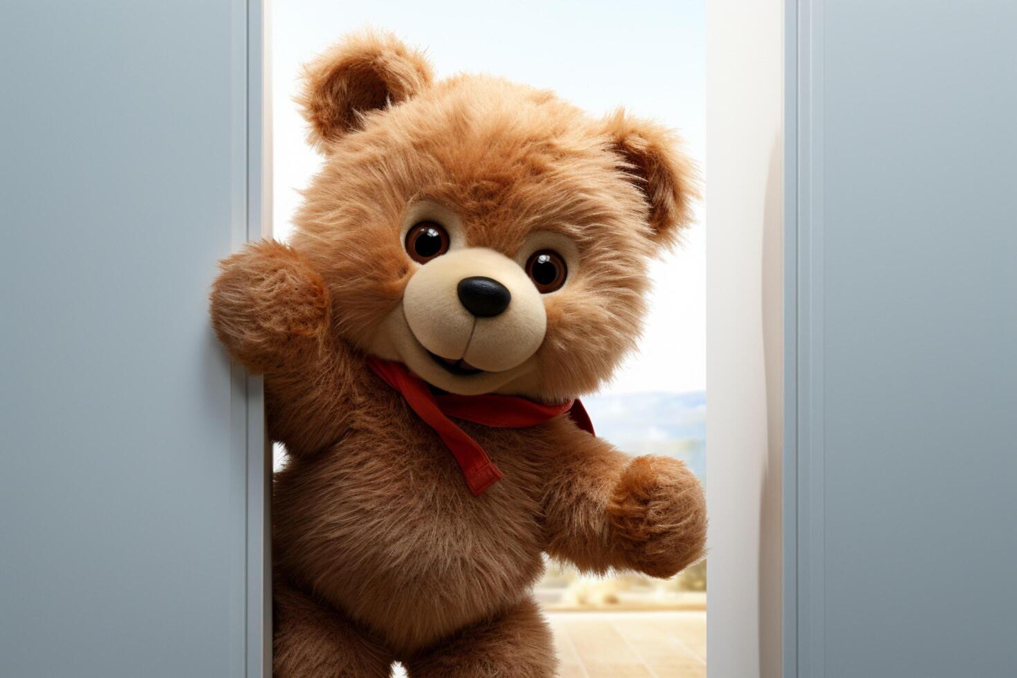 AI generated Welcome fun Brown teddy bear sneaks, congratulating, adding to celebrations photo