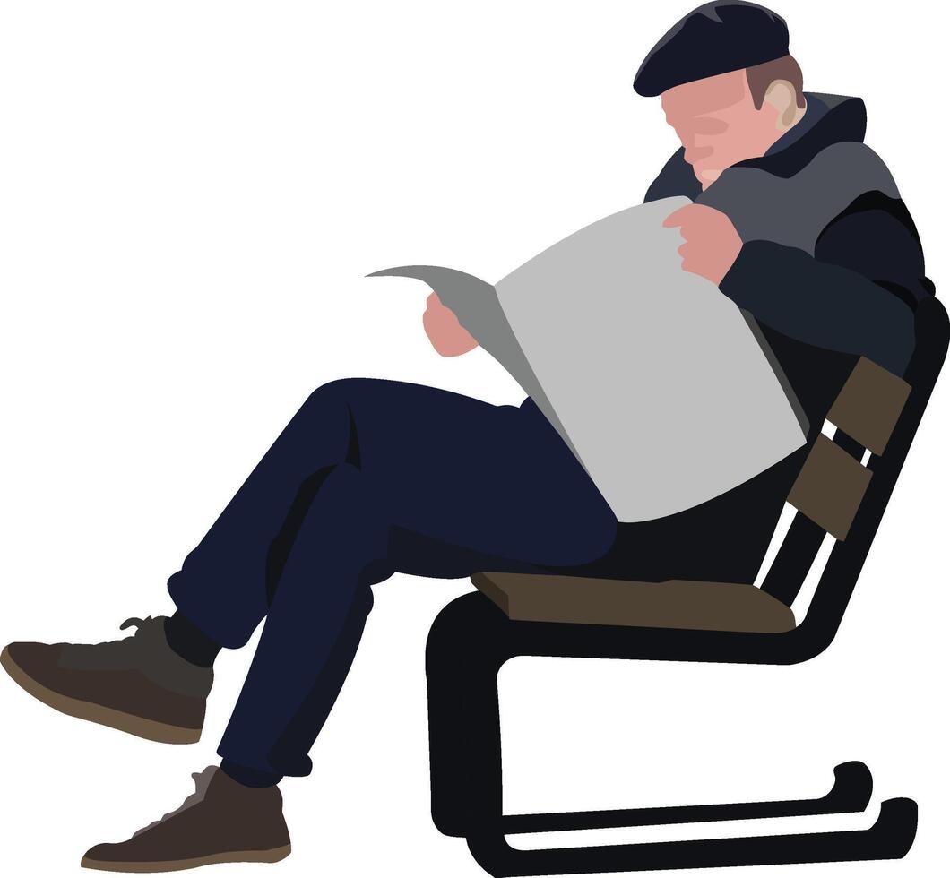 elderly man sitting on the bench reads the newspaper - vector