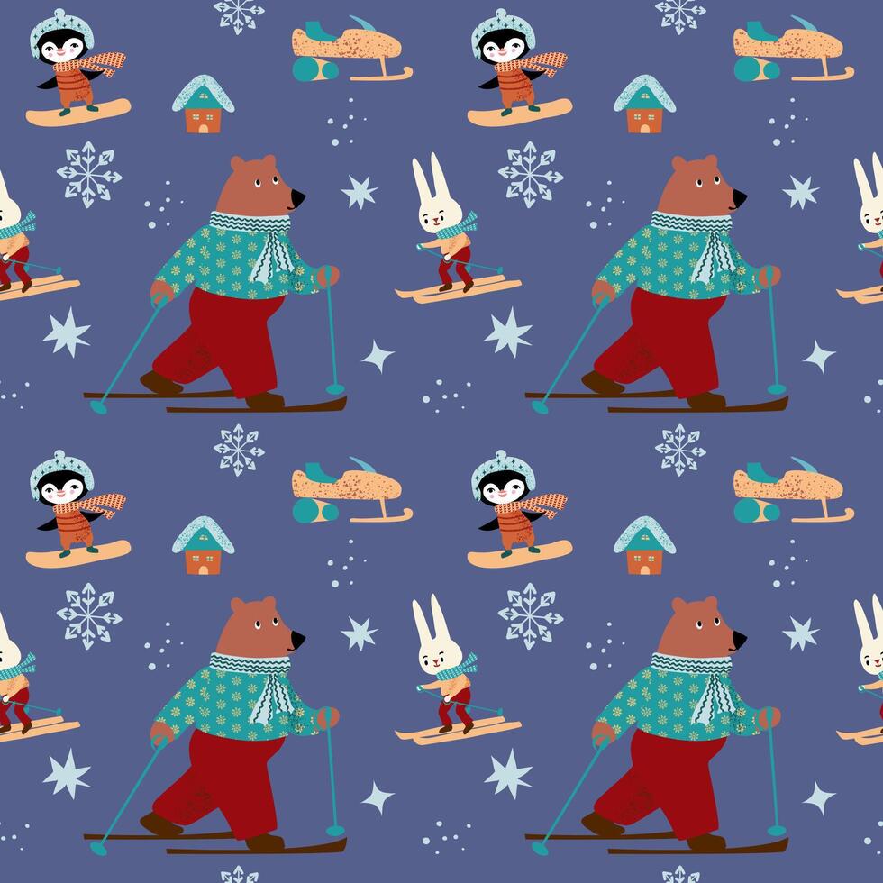 Pattern with animals engaged in winter sports vector